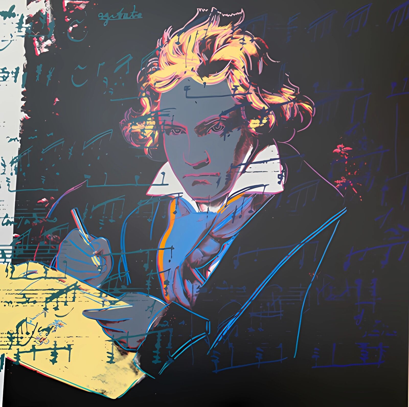 A painting of a man writing on a piece of paper.