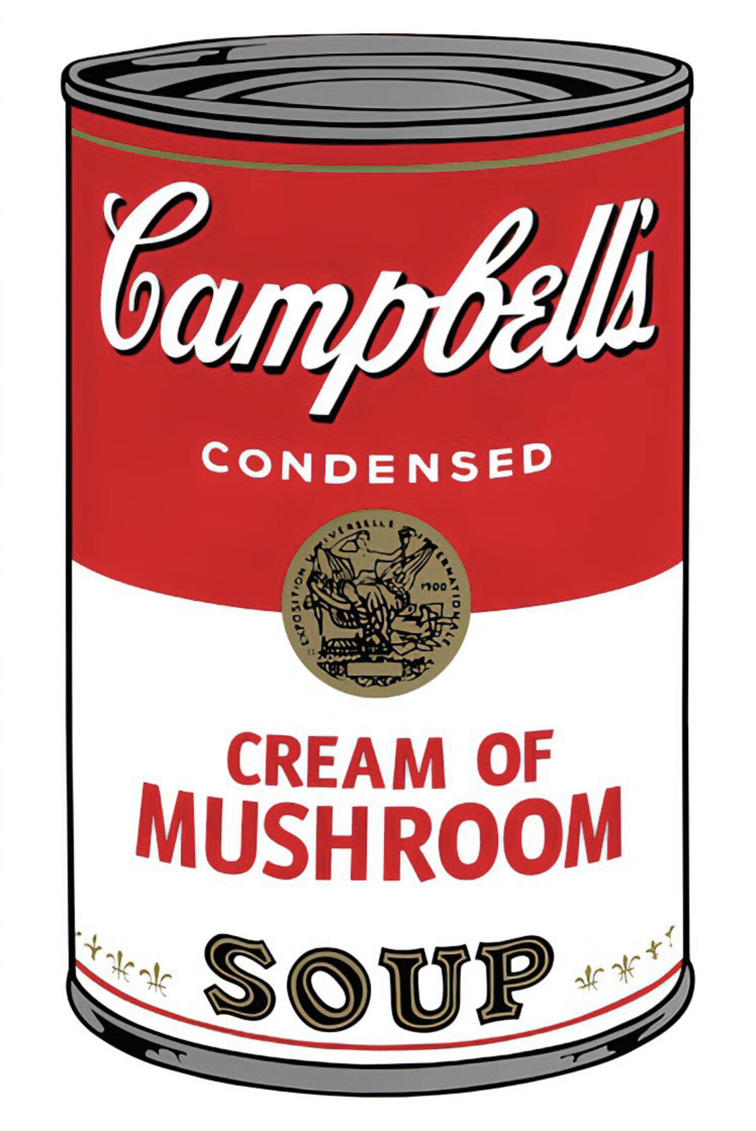A can of Campbell's cream of mushroom soup on a white background.