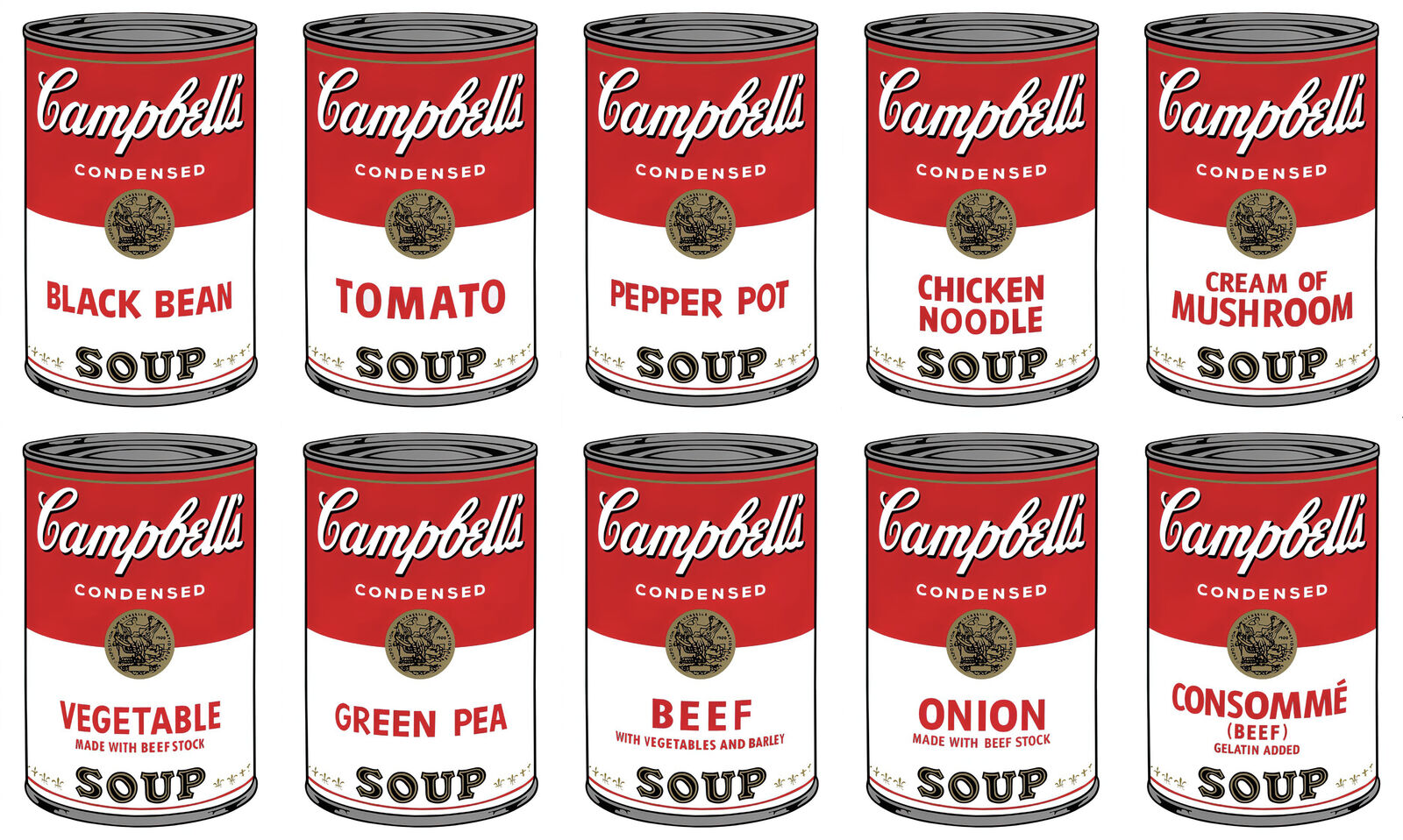 A set of six Campbell's soup cans with different designs on them.