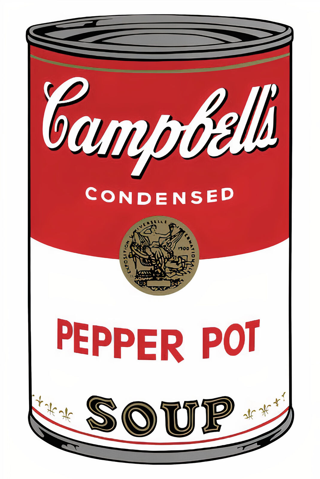 A set of six Campbell's soup cans with different designs on them.