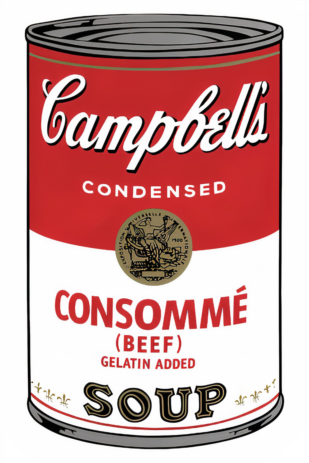 A set of six Campbell's soup cans with different designs on them.