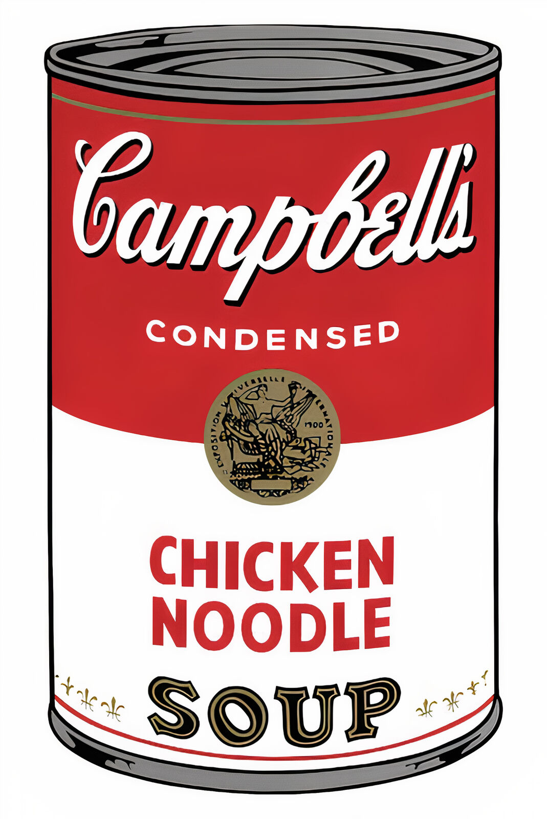 A set of six Campbell's soup cans with different designs on them.
