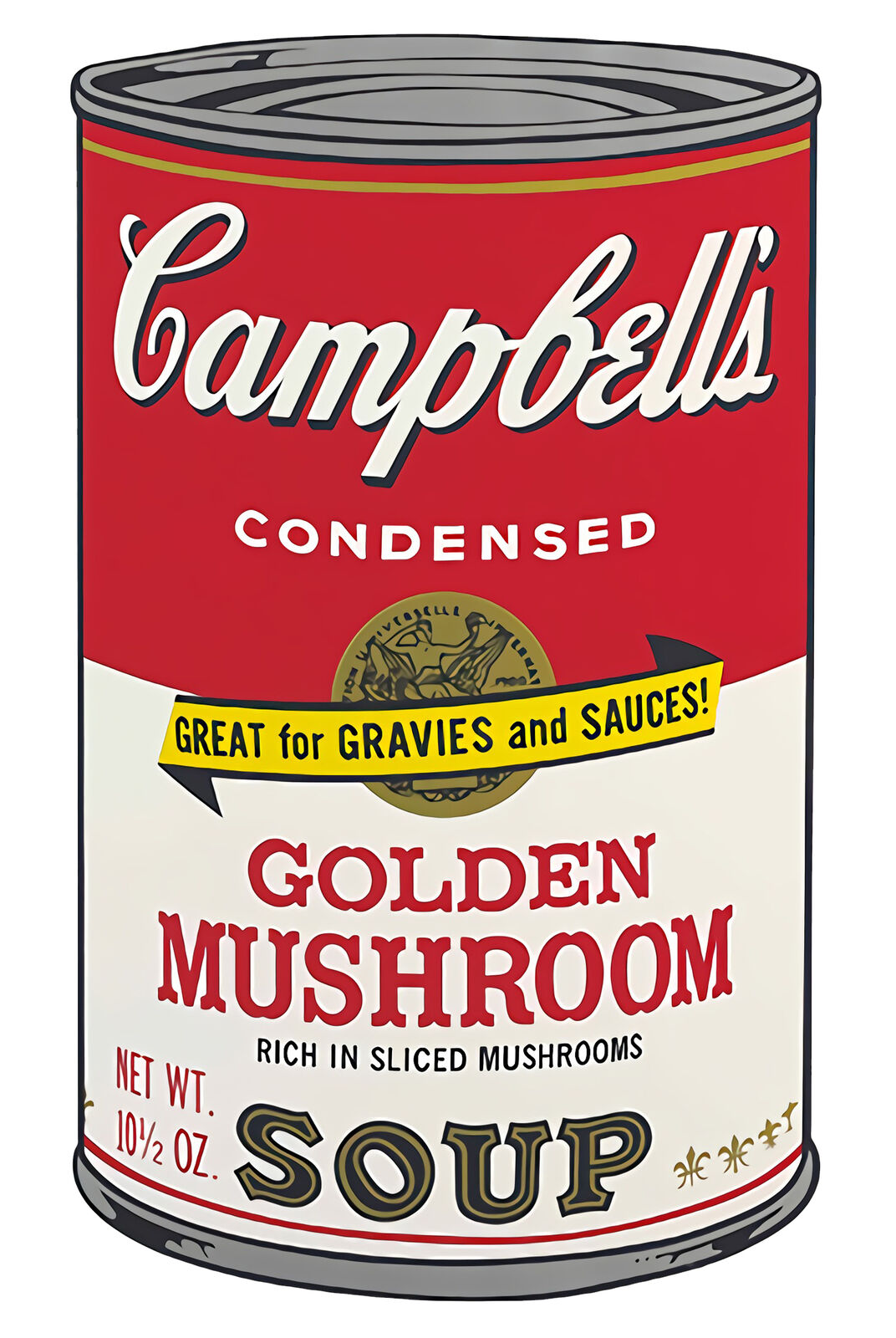 A set of six Campbell's soup cans with different flavors of soup.