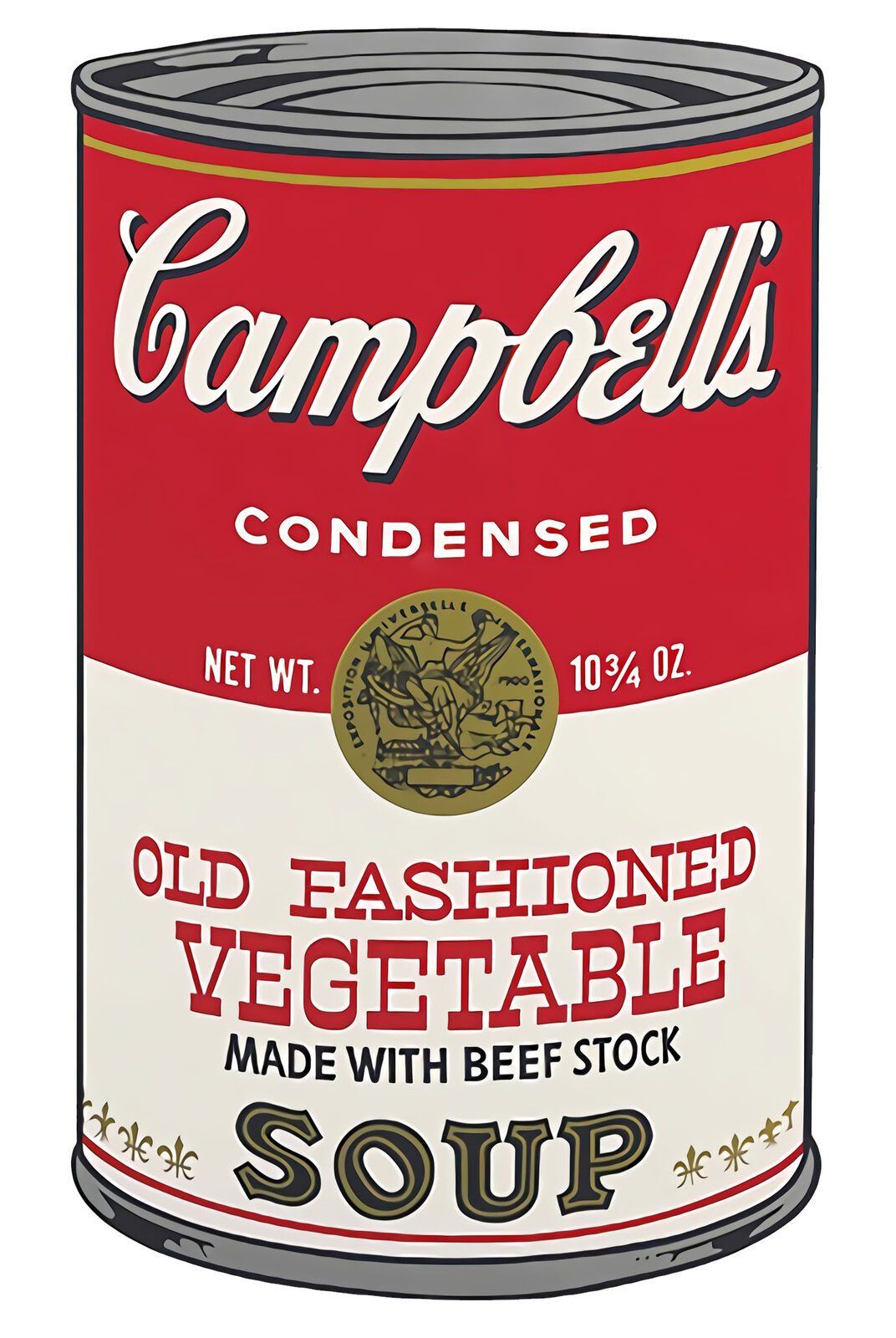 A set of six Campbell's soup cans with different flavors of soup.