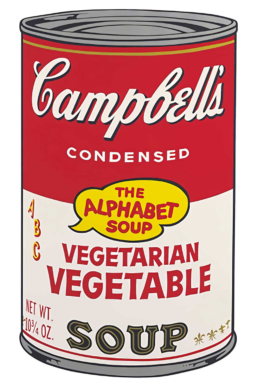 A set of six Campbell's soup cans with different flavors of soup.