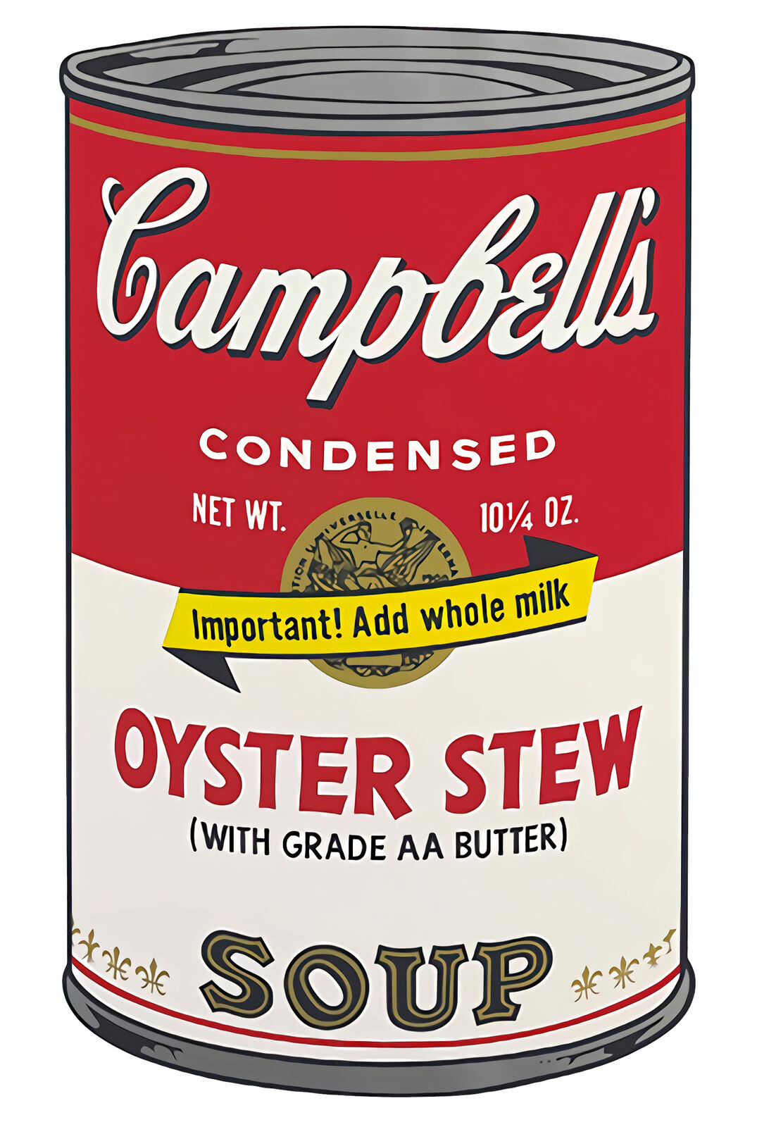 A set of six Campbell's soup cans with different flavors of soup.