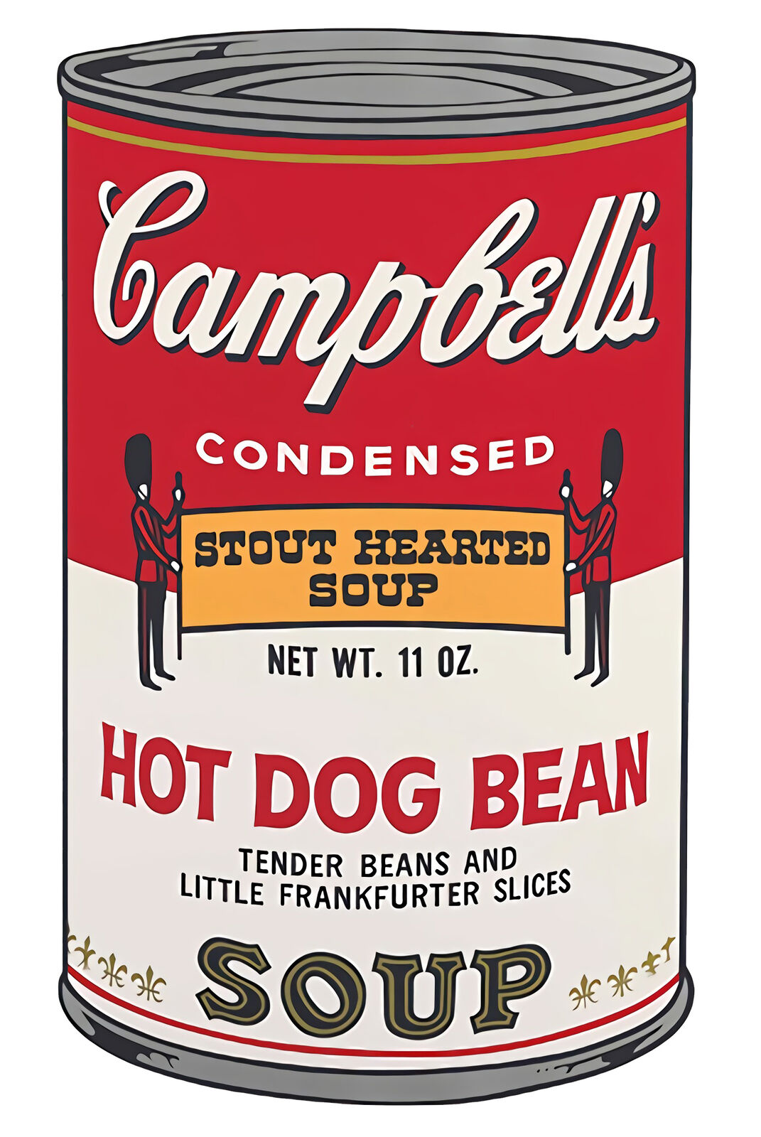 A set of six Campbell's soup cans with different flavors of soup.