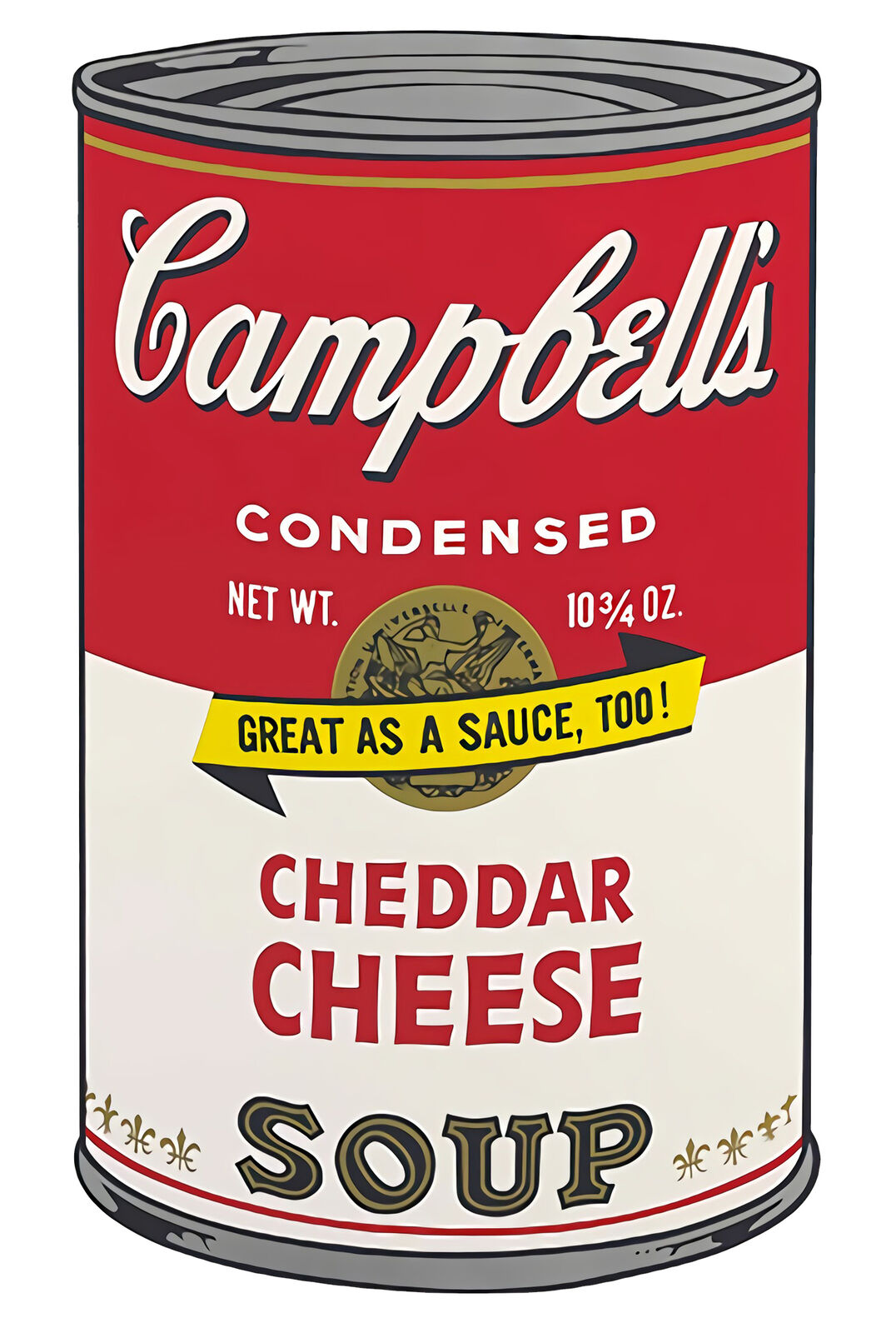 A set of six Campbell's soup cans with different flavors of soup.