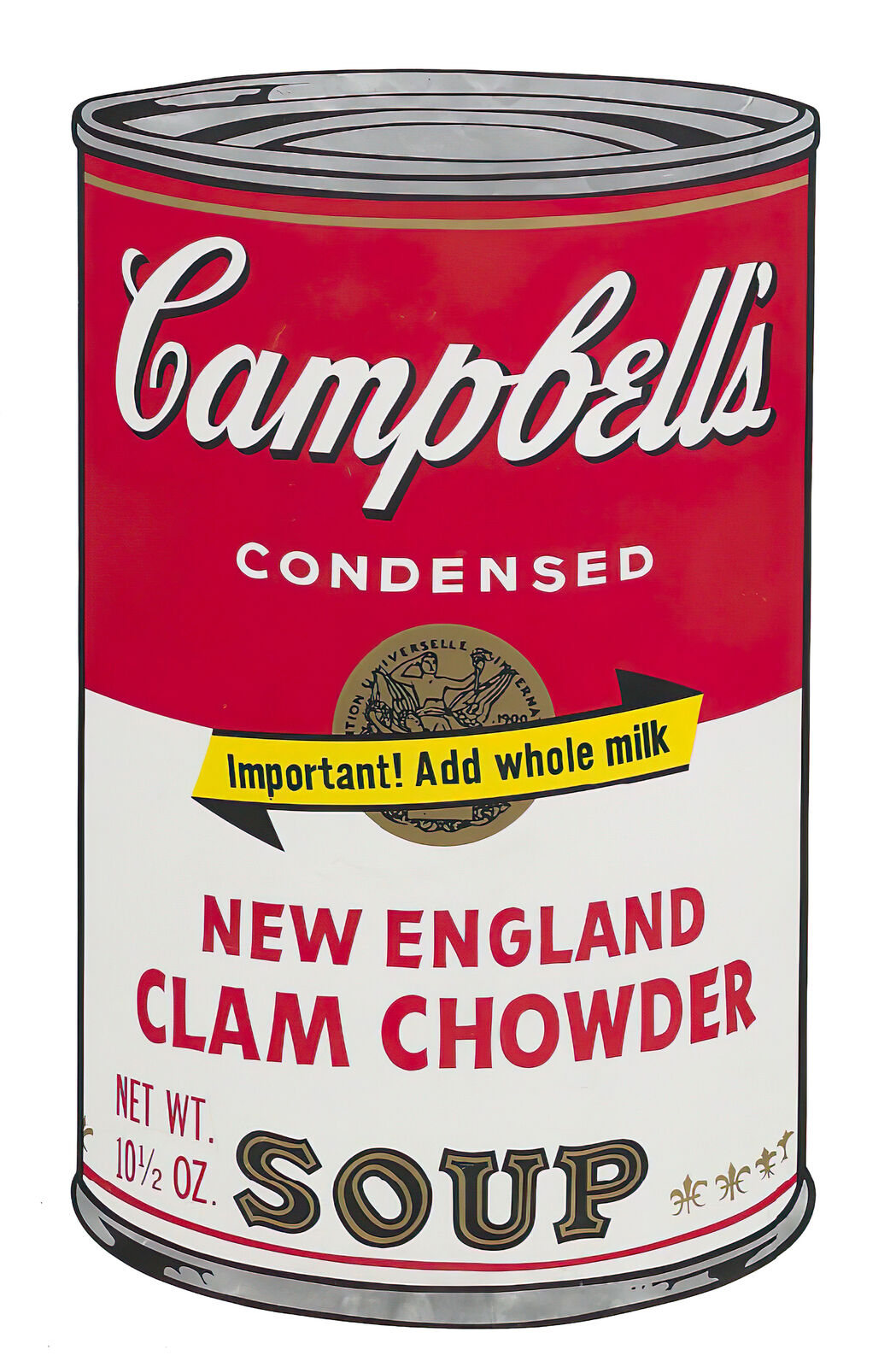 A set of six Campbell's soup cans with different flavors of soup.