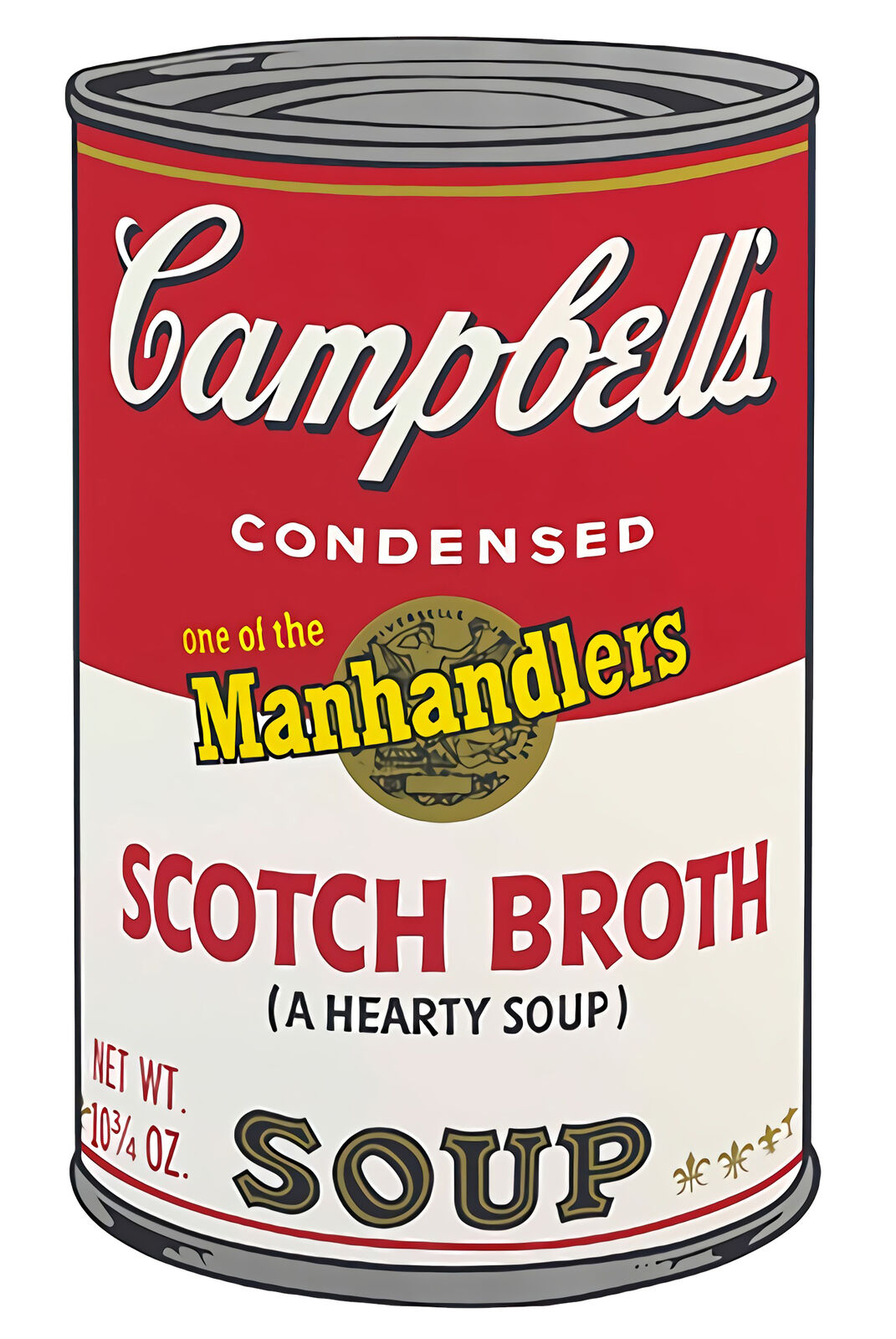 A set of six Campbell's soup cans with different flavors of soup.
