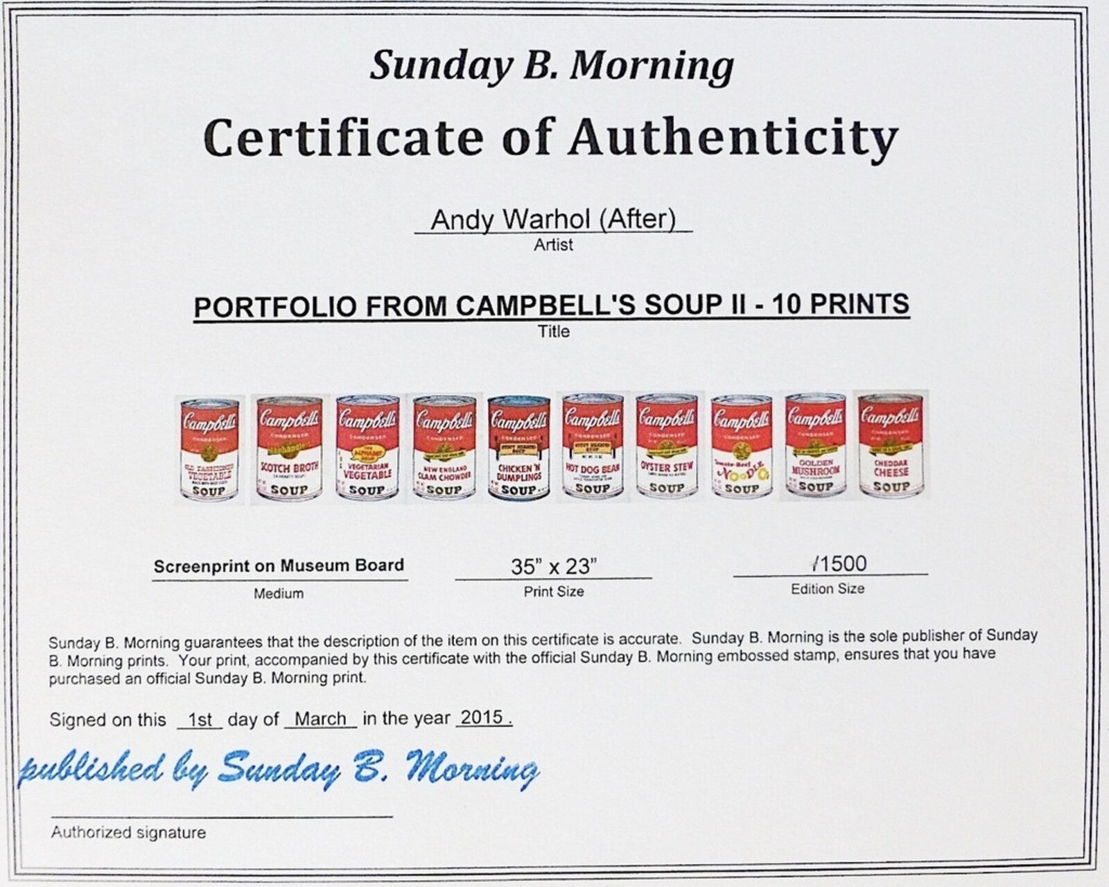 A set of six Campbell's soup cans with different flavors of soup.
