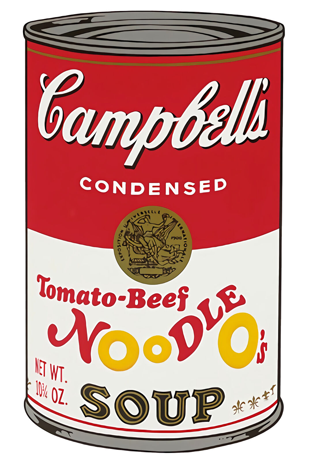 A set of six Campbell's soup cans with different flavors of soup.