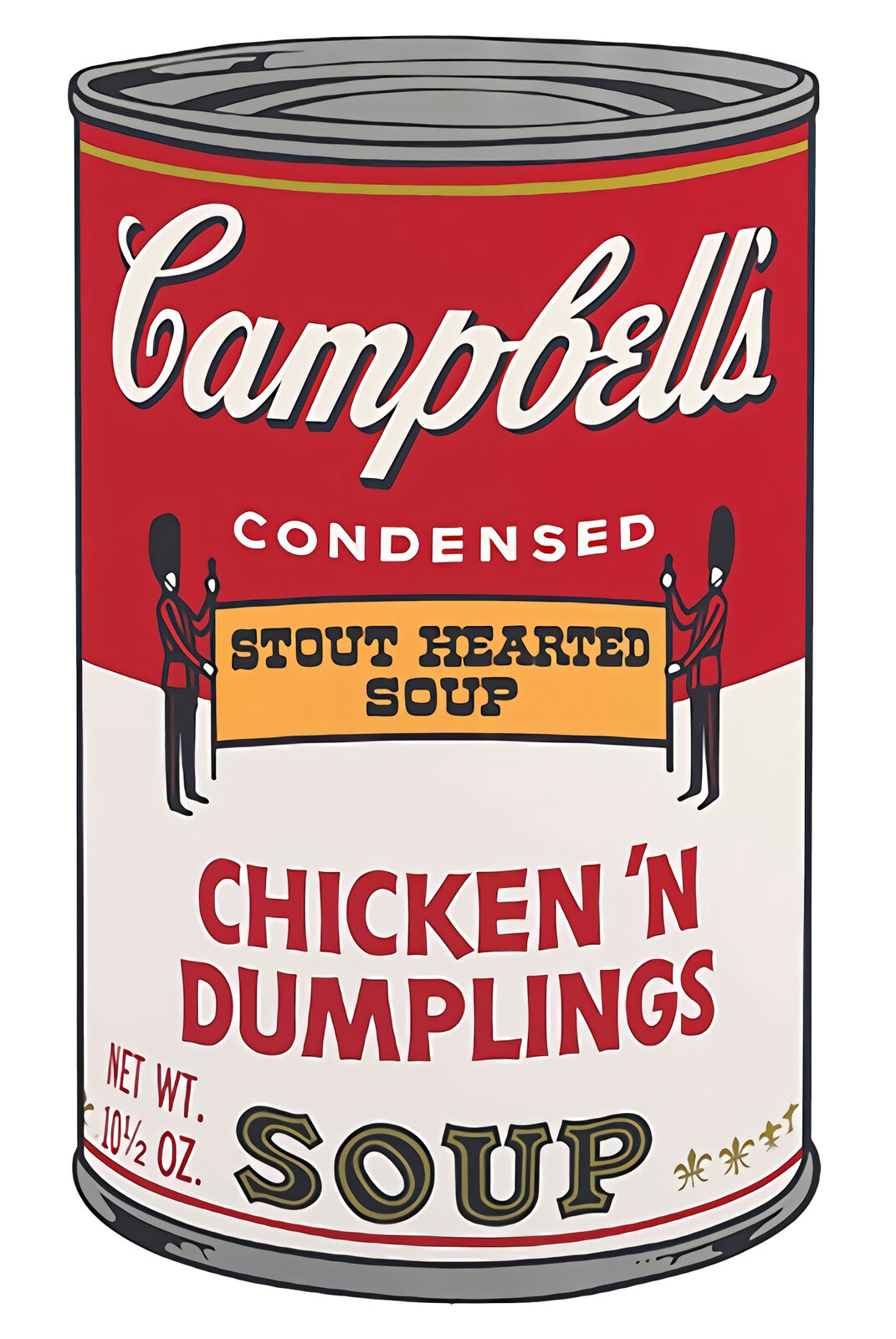 A set of six Campbell's soup cans with different flavors of soup.