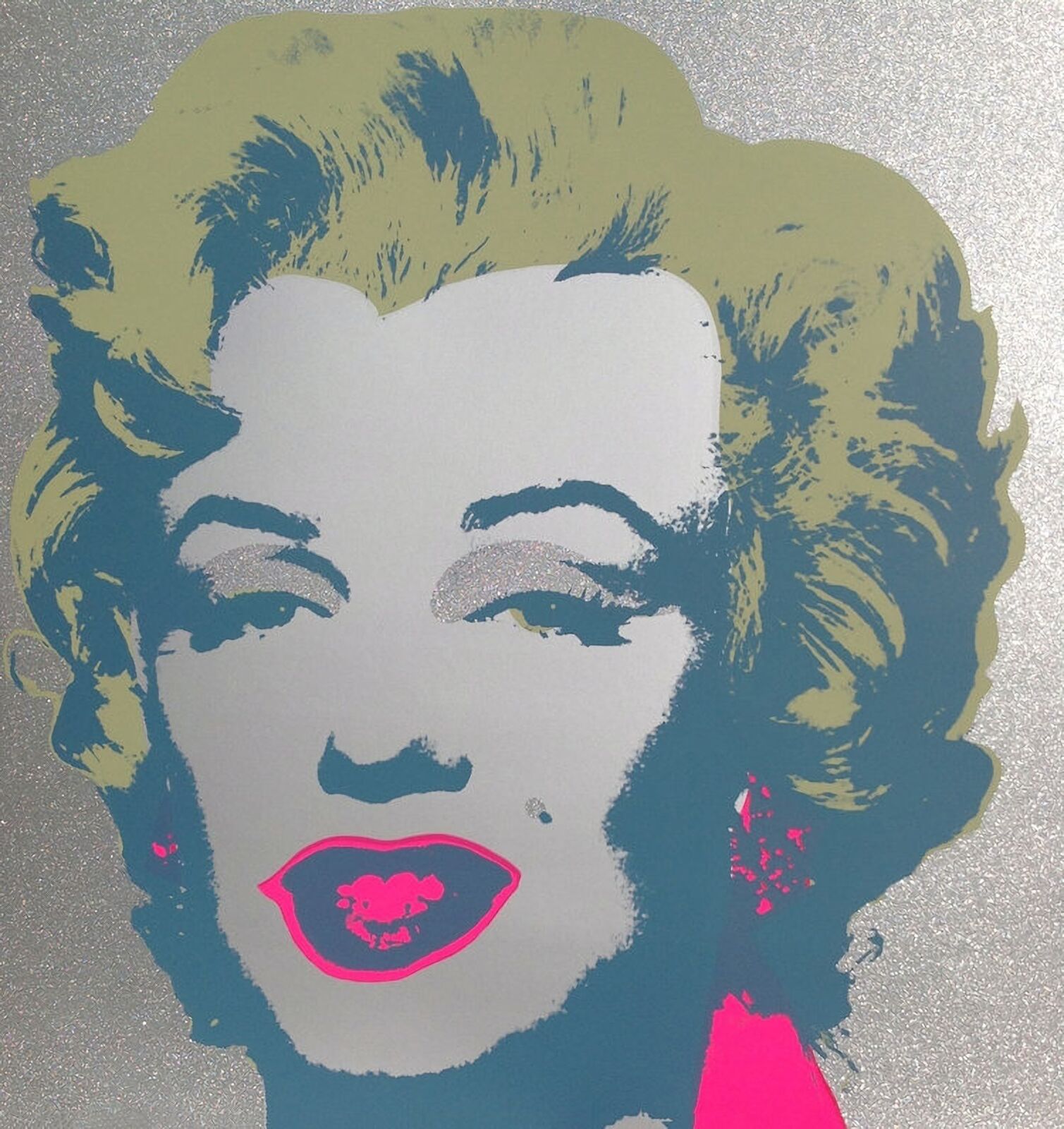 A painting of a woman with a pink lipstick on her lips.