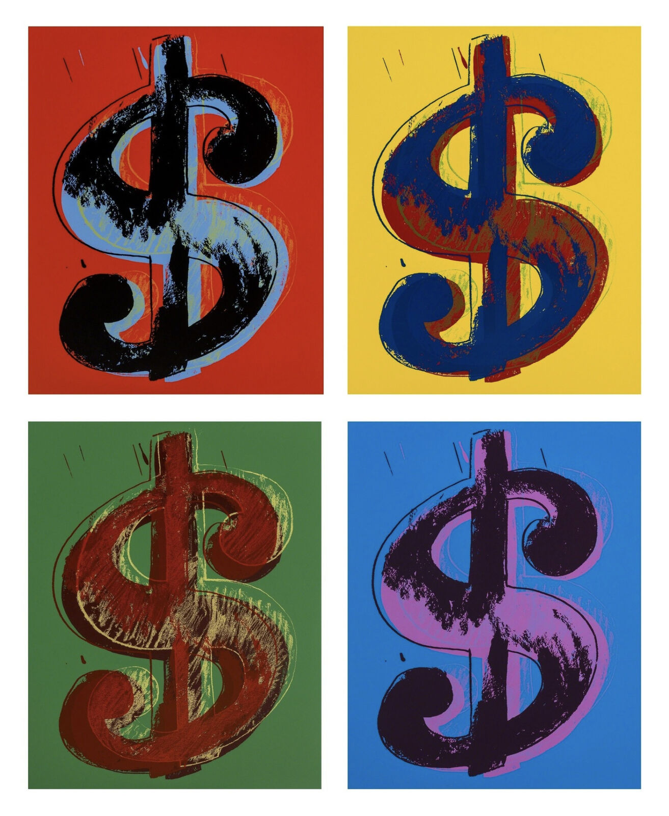 A set of four different colored dollar signs on a white background.
