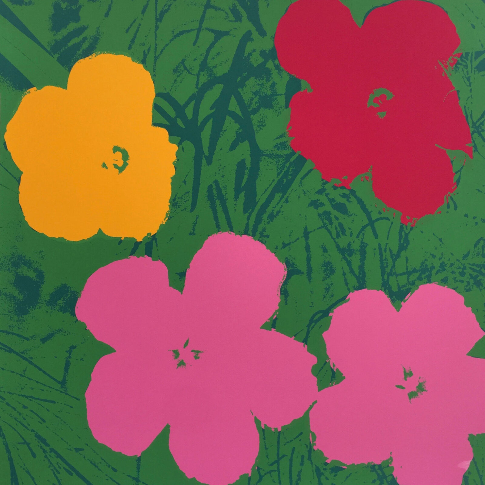 A group of pink and yellow flowers on a green background.