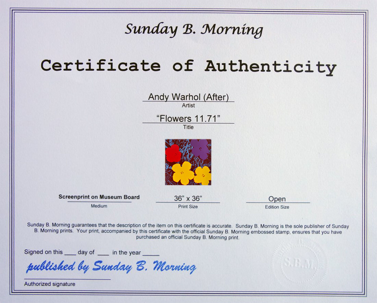 A painting of three colorful flowers on a red background.