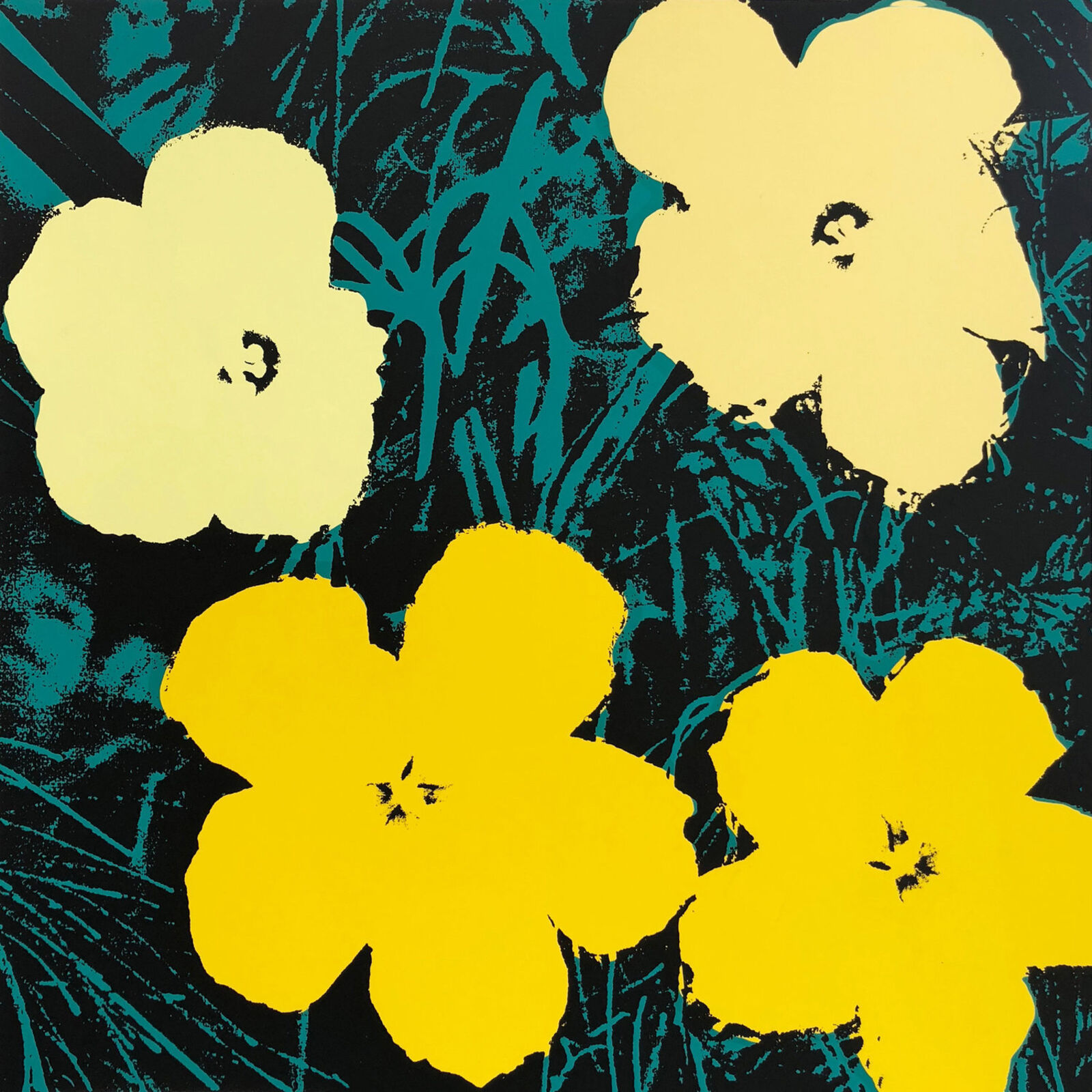 A painting of three yellow flowers on a black background.