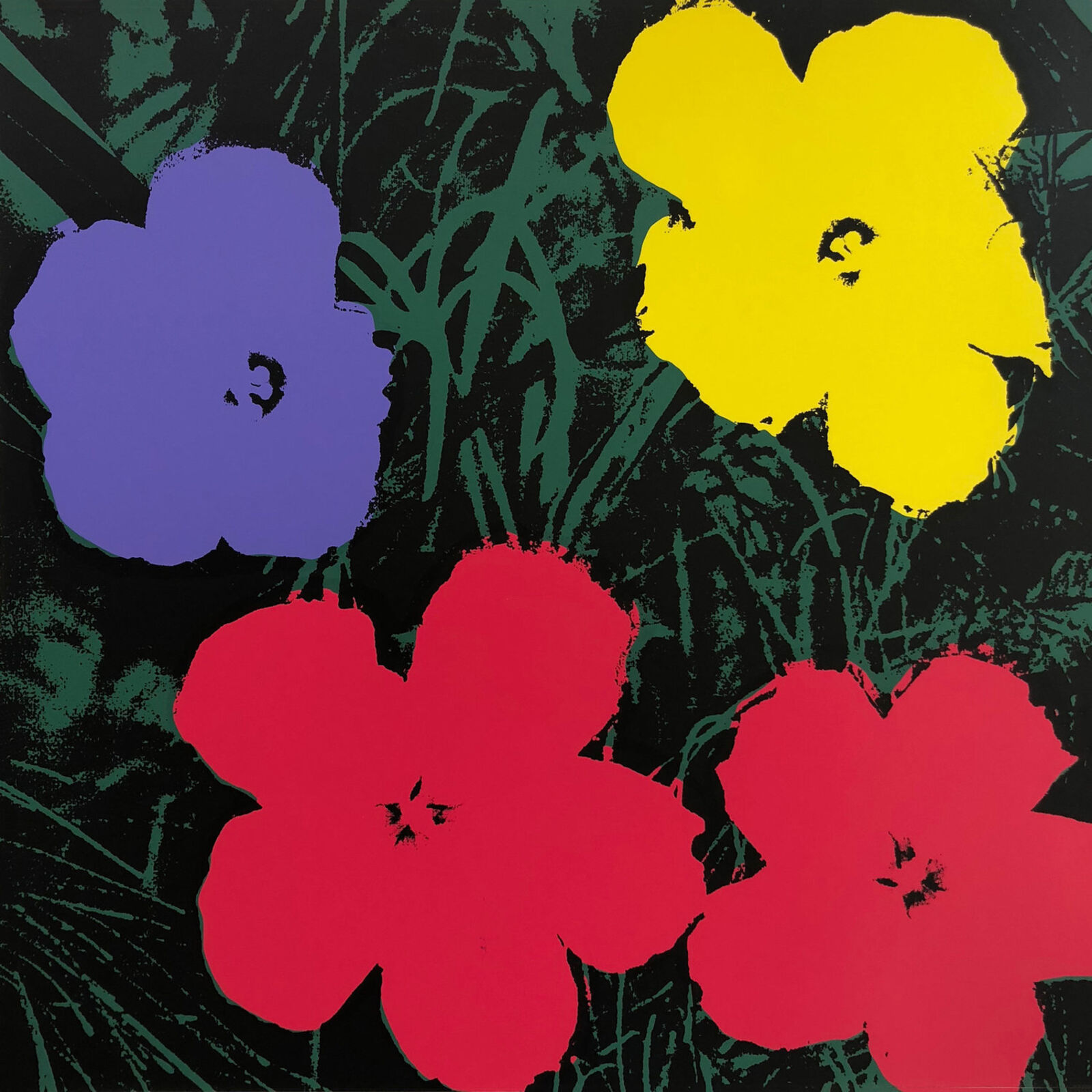 A painting of three colorful flowers on a black background.