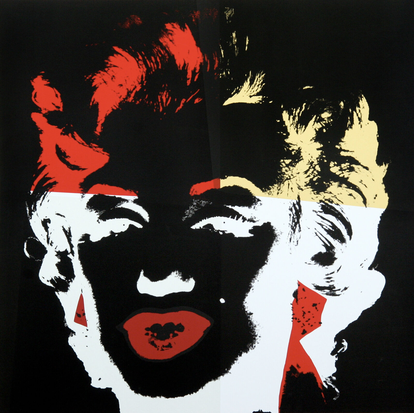 A black and white painting of a woman's face with red lips.