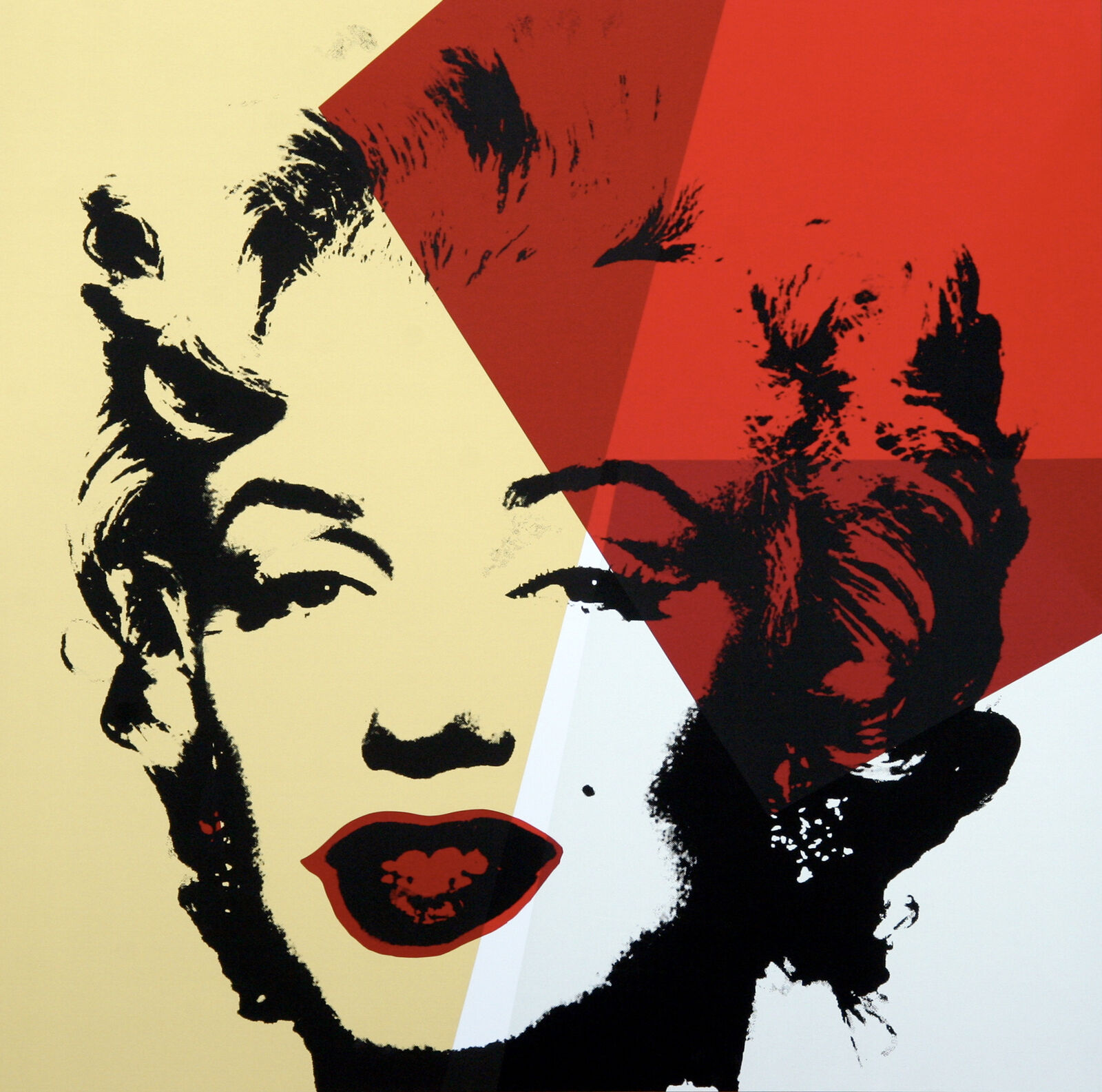 A painting of a woman's face with a red and yellow background.