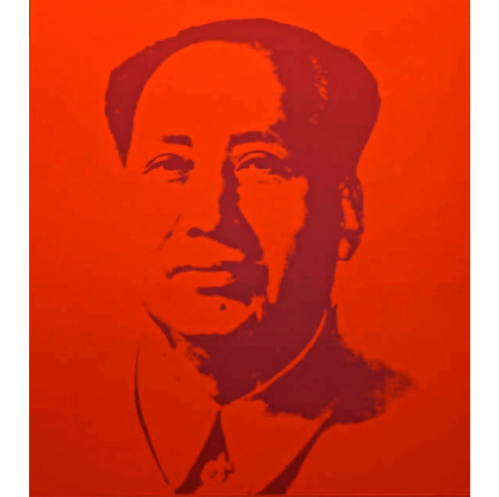A portrait of Mao Zedong on an orange background.