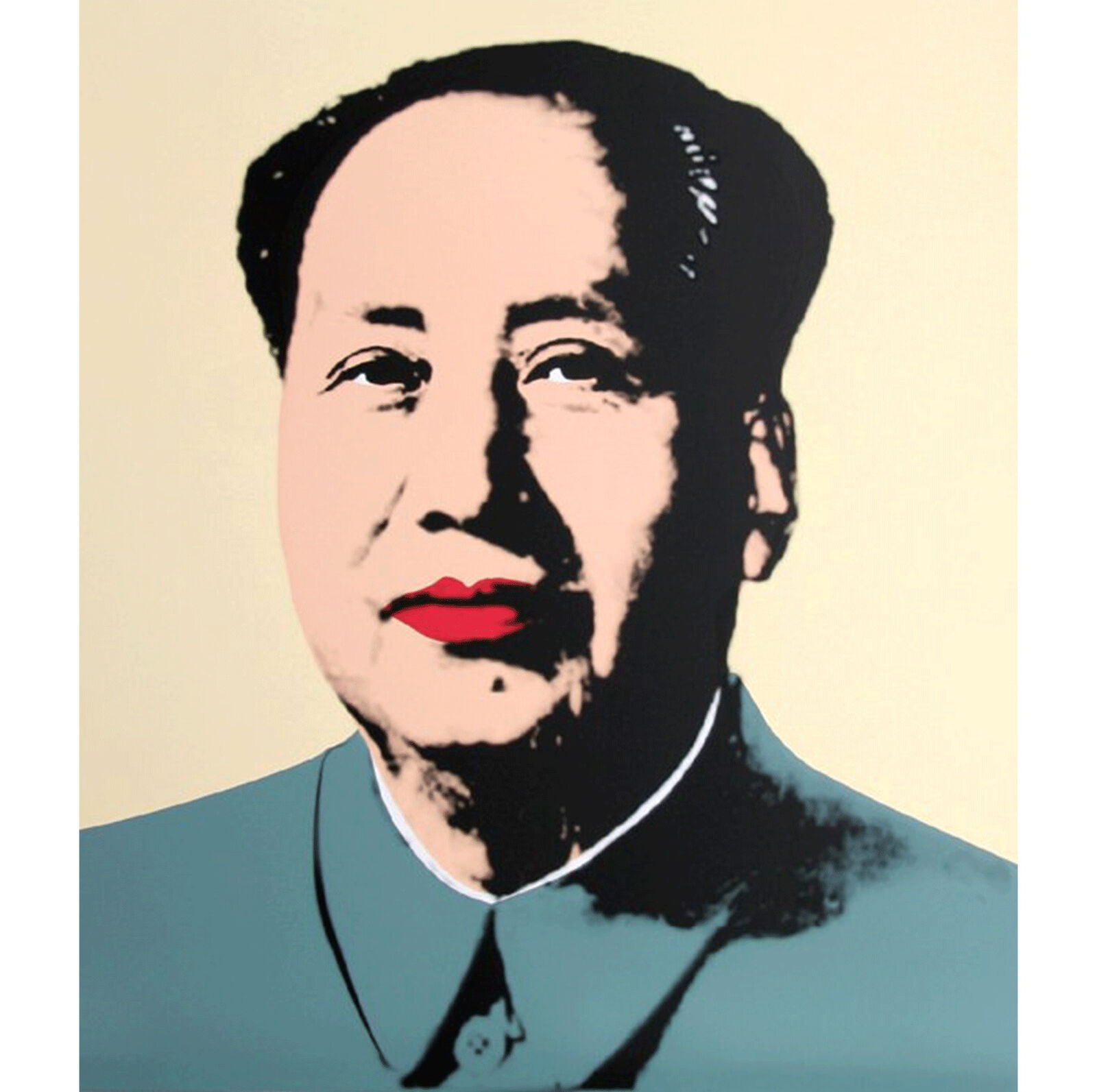 A portrait of Mao Zedong with a red lipstick on his lips.