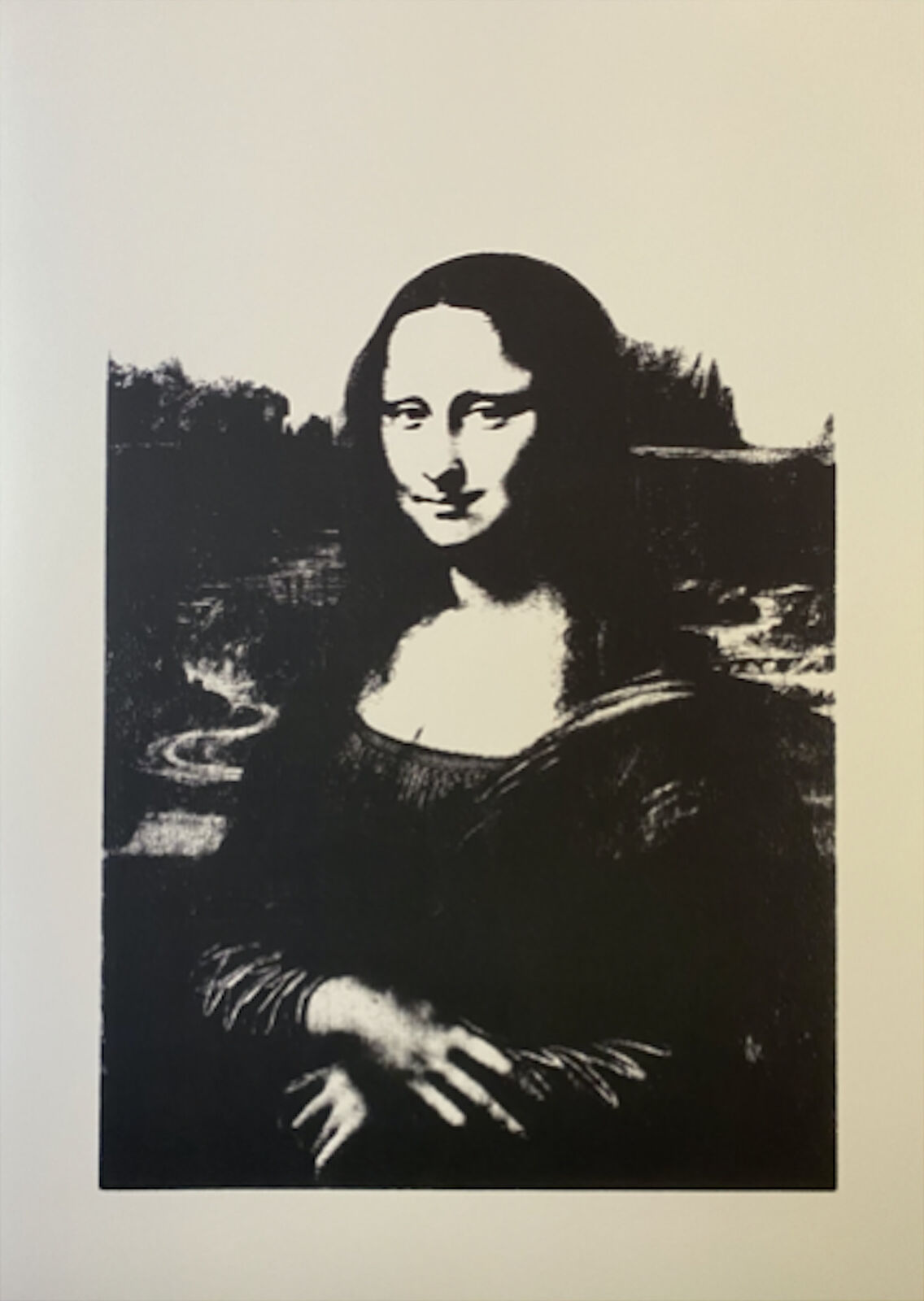 A black and white photo of a mona lisa.