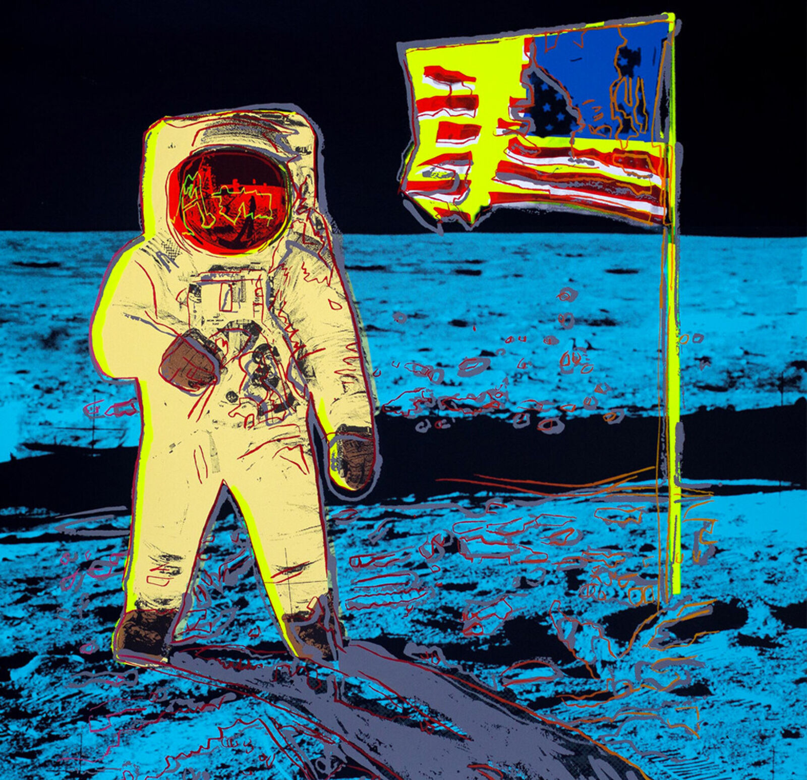 A man in an astronaut suit standing next to an American flag on the moon.