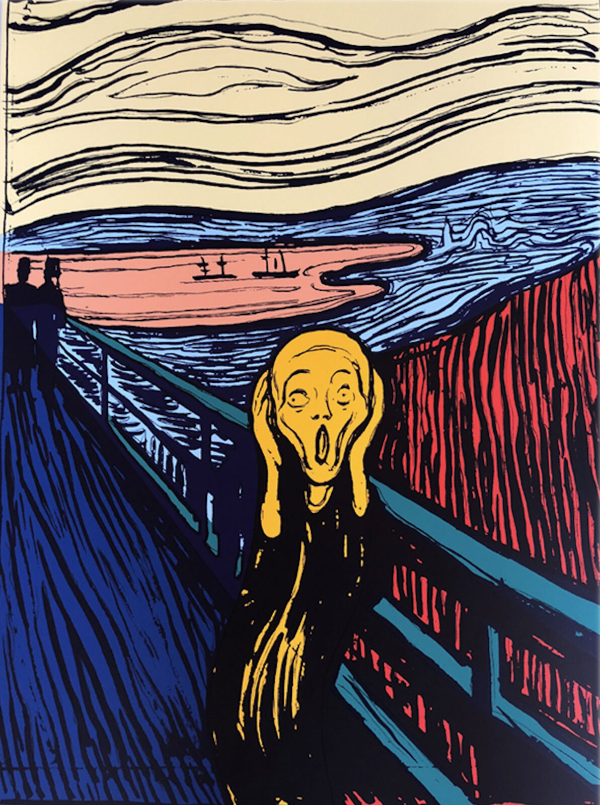 A painting of a woman standing on a bridge with a scream on her face.