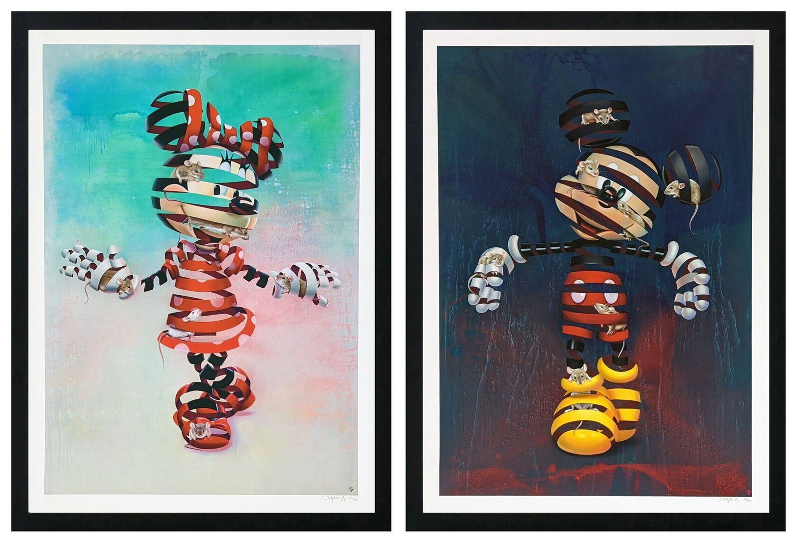Artwork by Super A, ENCAGED MICKEY & ENCAGED MINNIE DIPTYCH, Made of Screen Print 