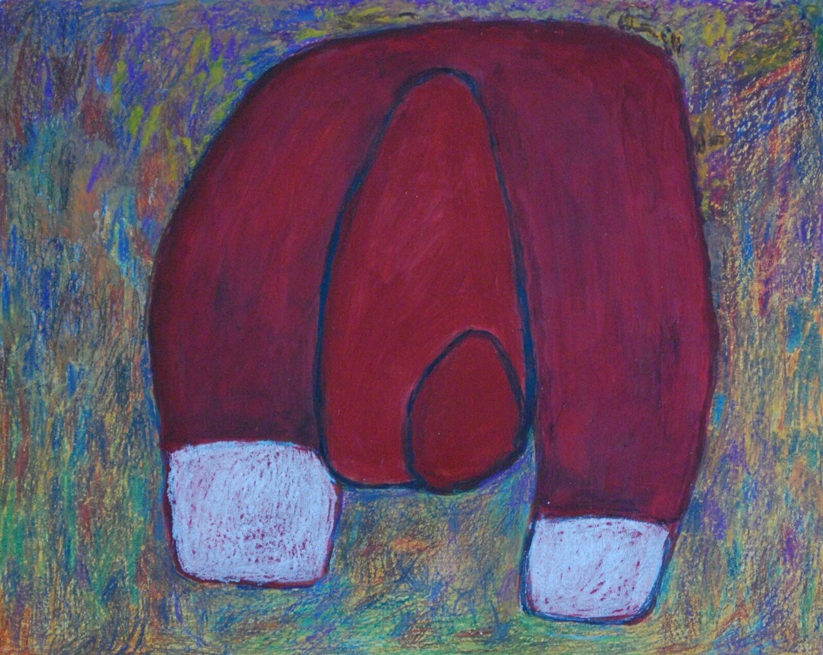 A bold, abstract composition featuring a large red form against a textured, multicolored background.