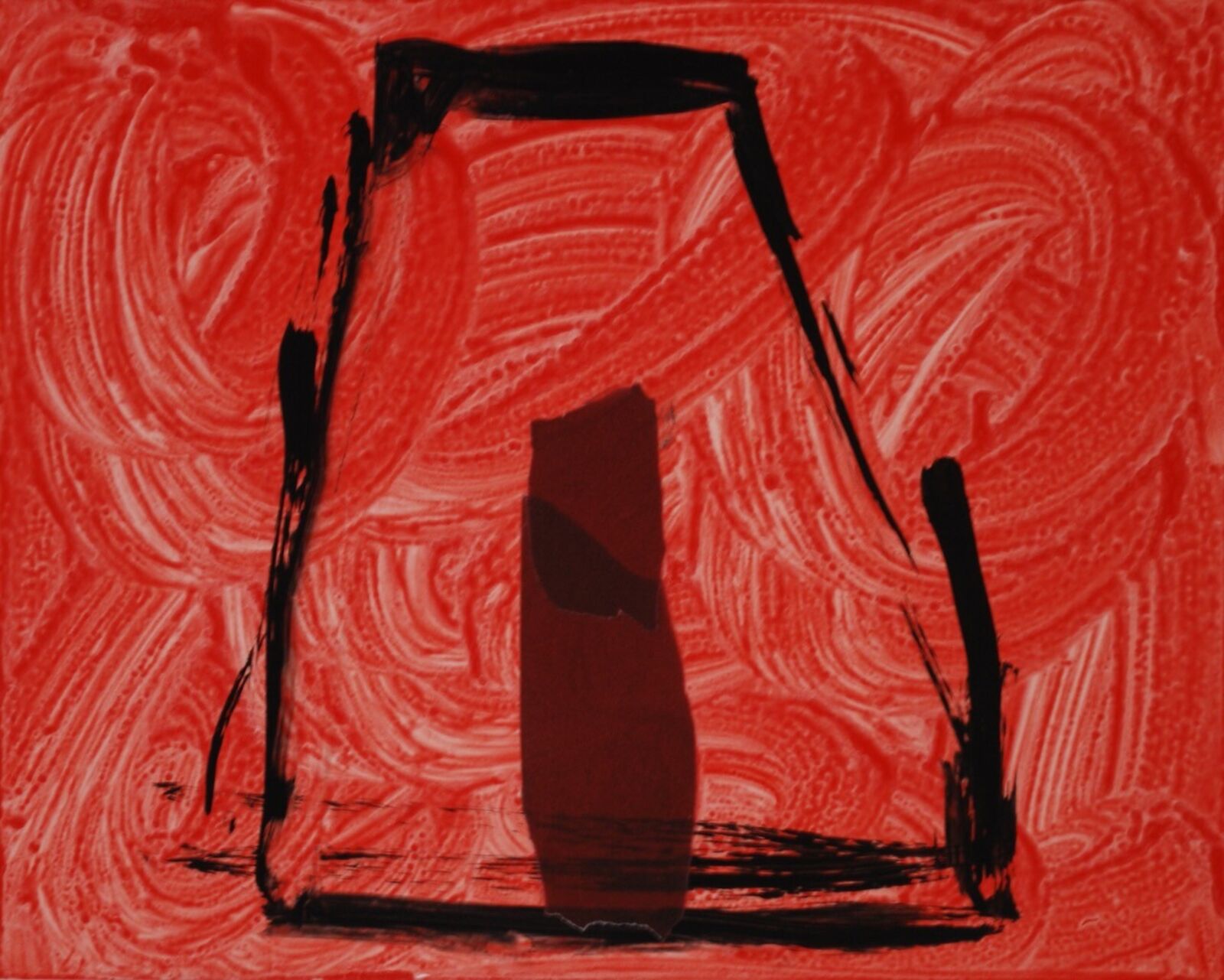 A bold abstract composition featuring a dark, geometric shape against a swirling red background.