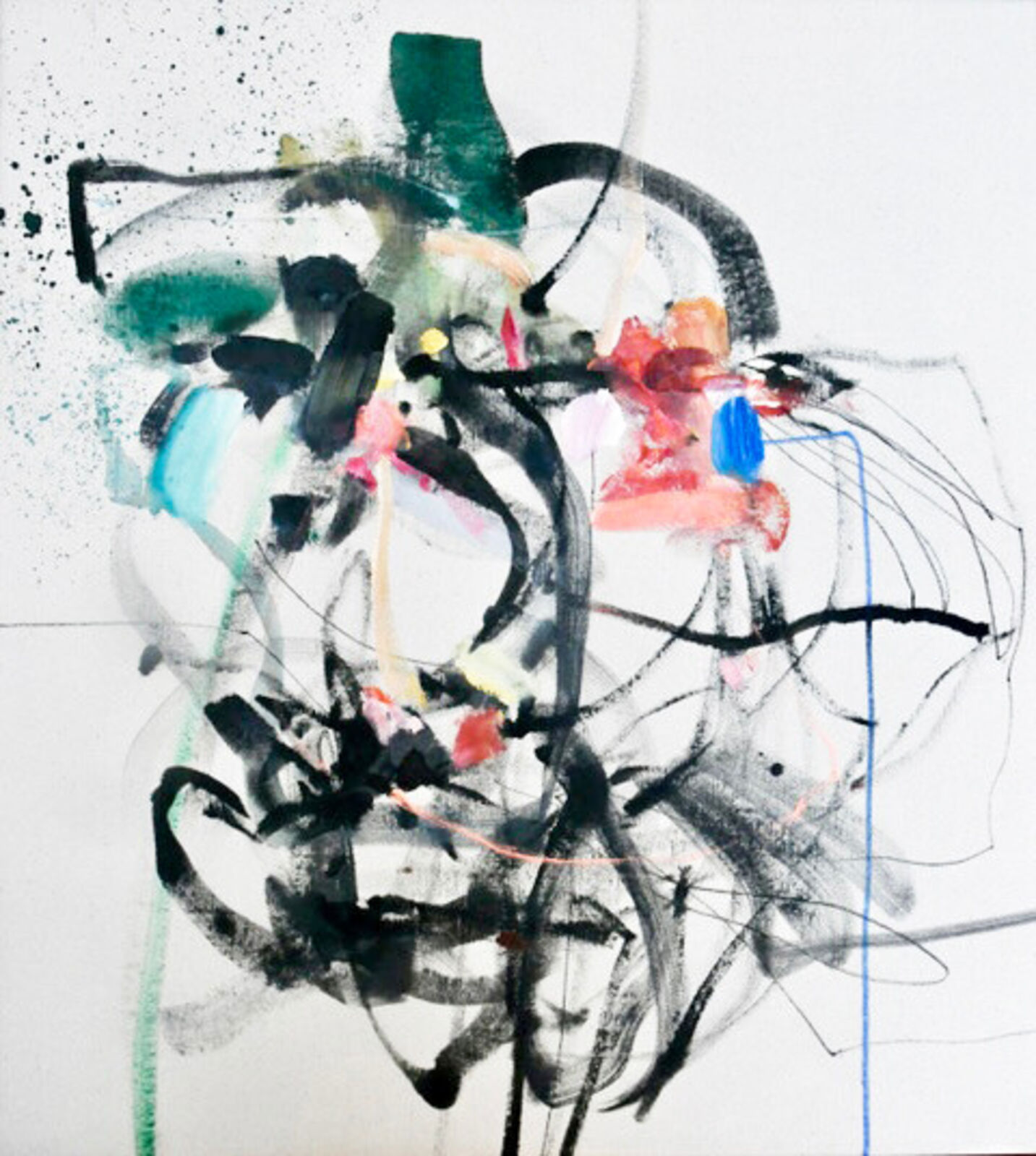 An abstract expressionist composition featuring a face-like form constructed from bold black ink, splattered colors, and gestural lines.