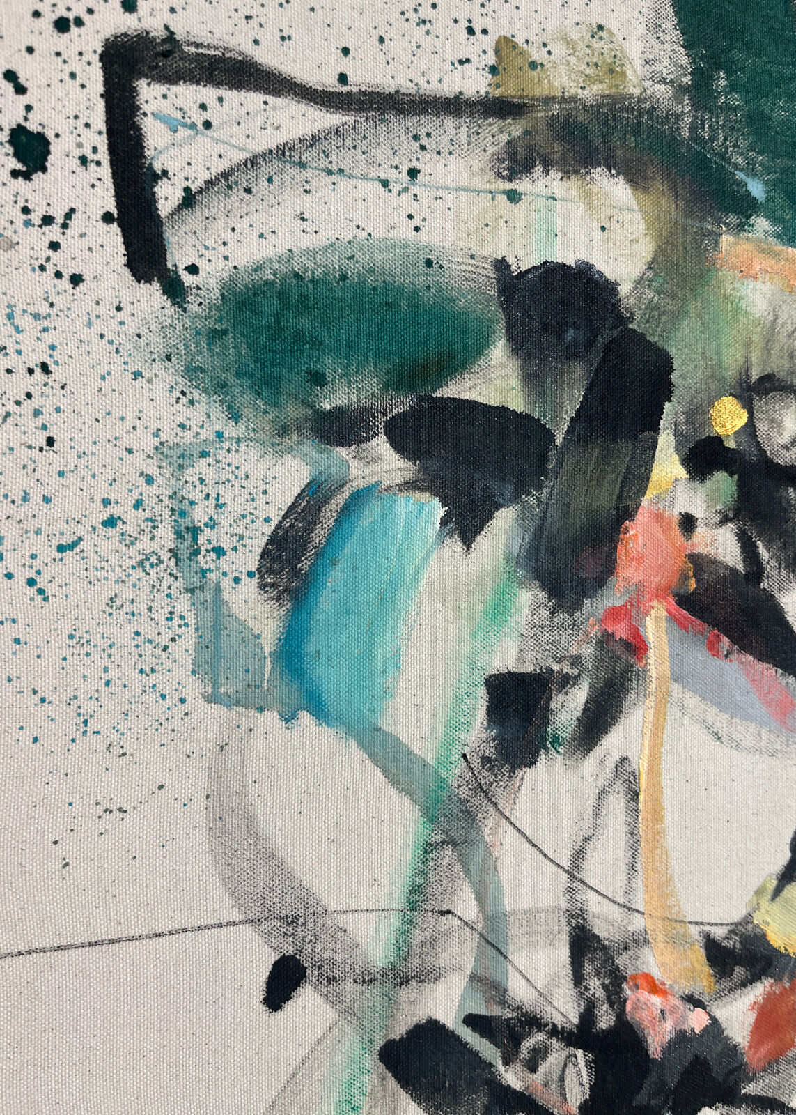 An abstract expressionist composition featuring a face-like form constructed from bold black ink, splattered colors, and gestural lines.