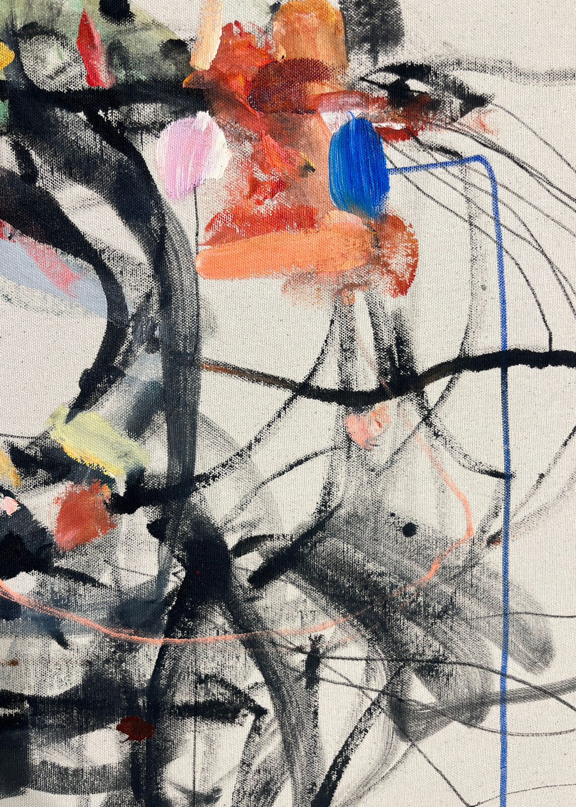 An abstract expressionist composition featuring a face-like form constructed from bold black ink, splattered colors, and gestural lines.