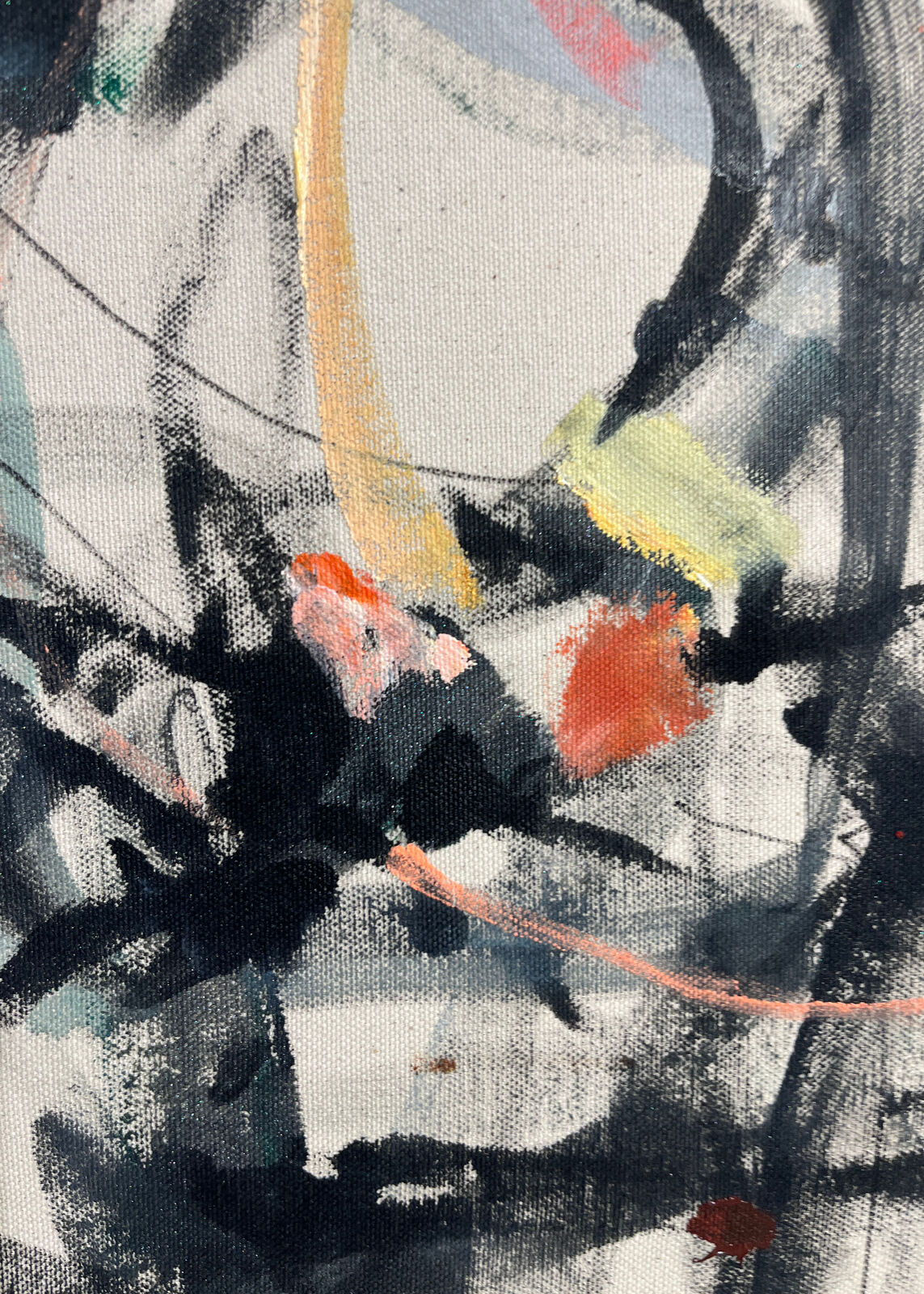 An abstract expressionist composition featuring a face-like form constructed from bold black ink, splattered colors, and gestural lines.