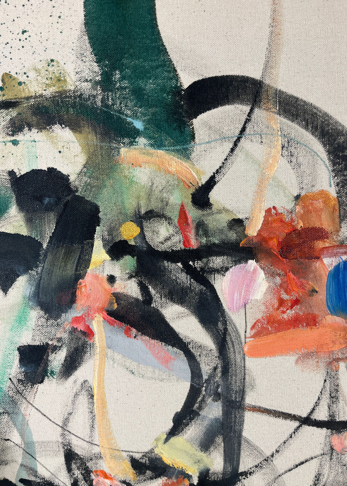 An abstract expressionist composition featuring a face-like form constructed from bold black ink, splattered colors, and gestural lines.