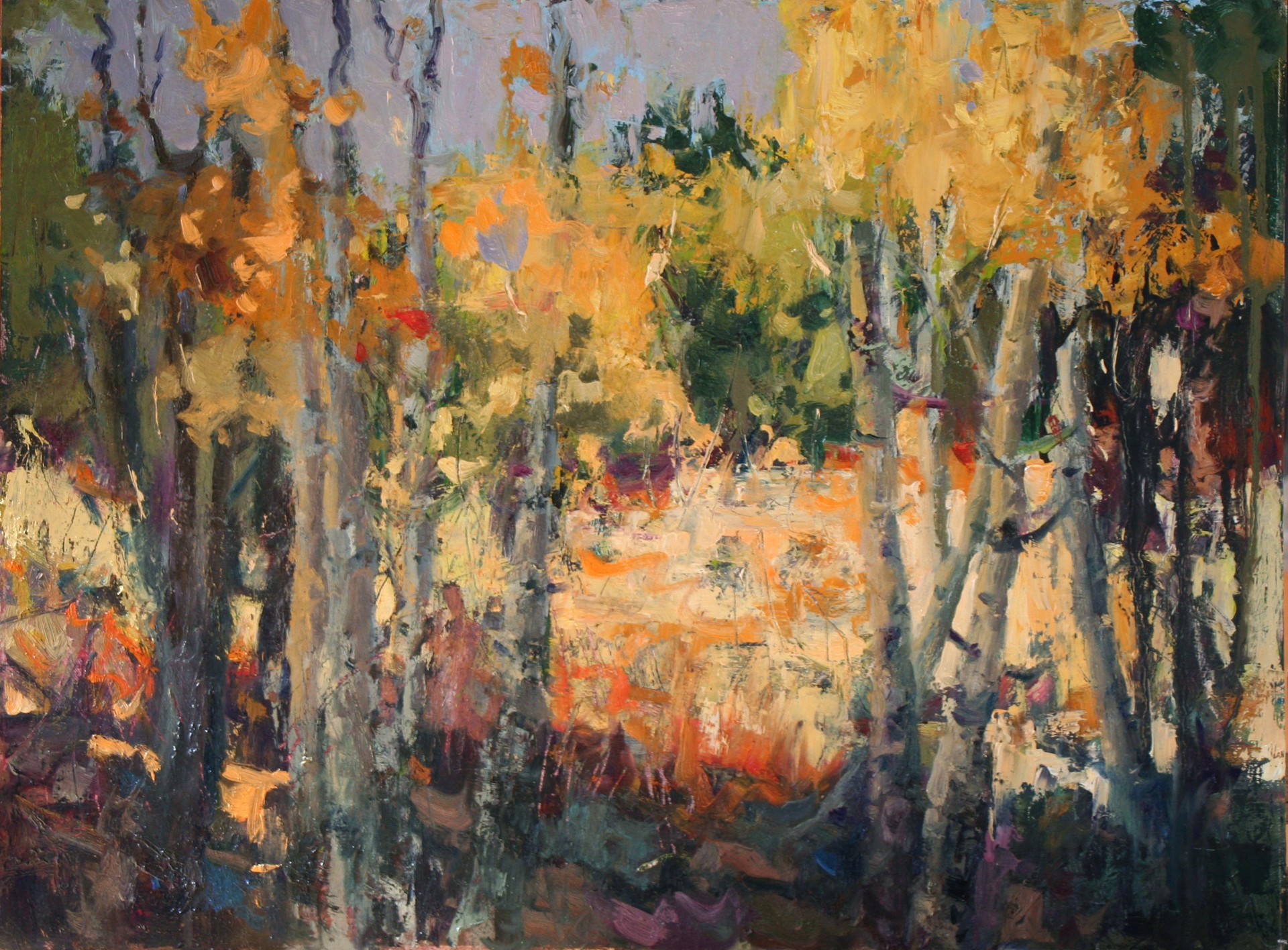 A painting of a forest with trees in the background.