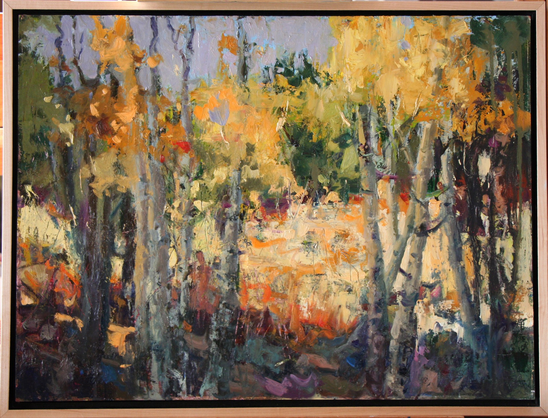 A painting of a forest with trees in the background.