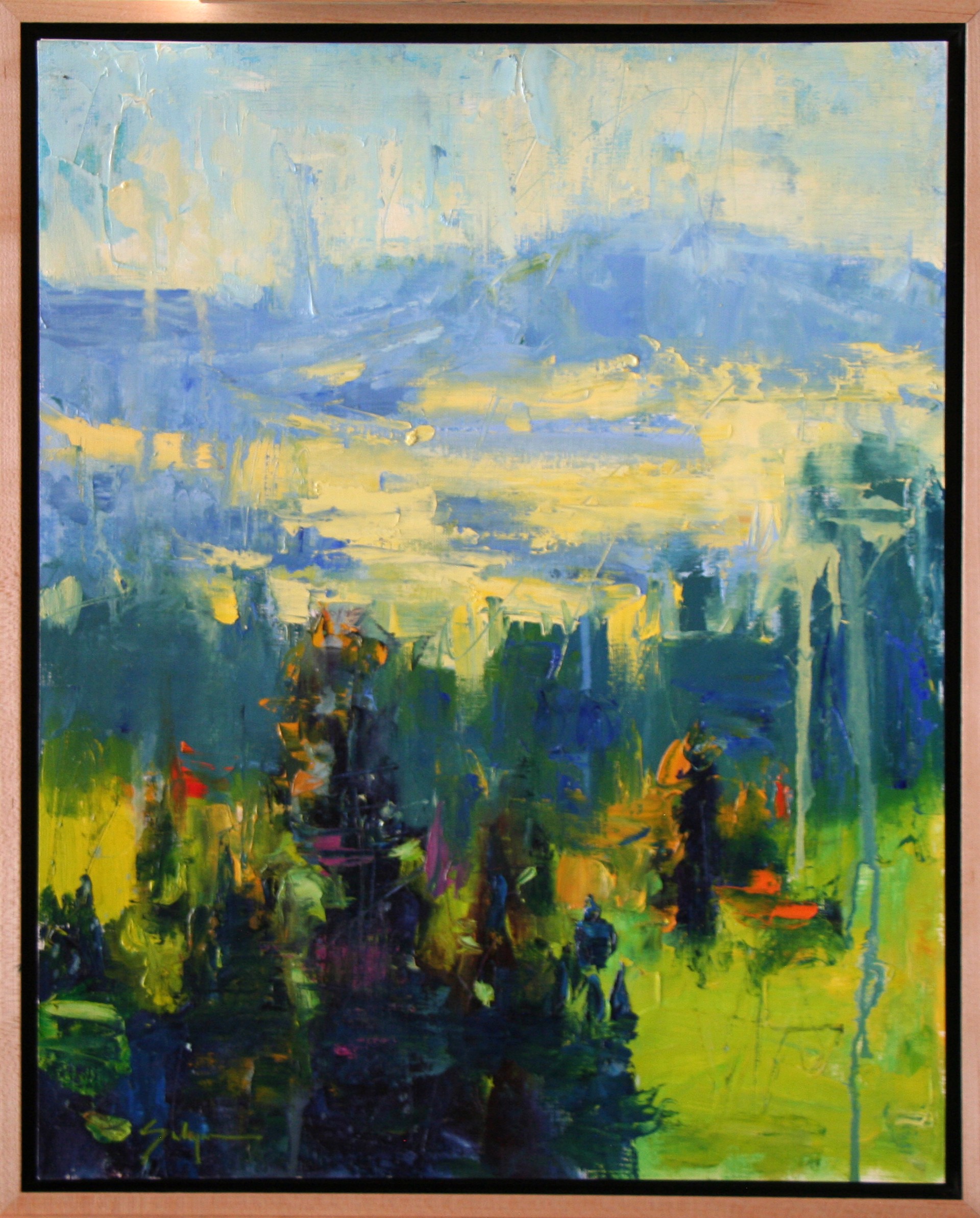 A painting of a landscape with trees and mountains in the background.
