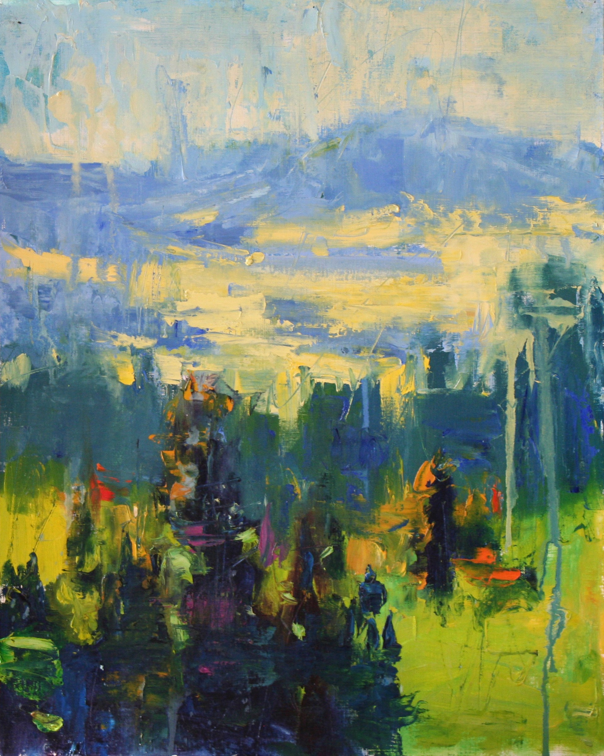 A painting of a landscape with trees and mountains in the background.