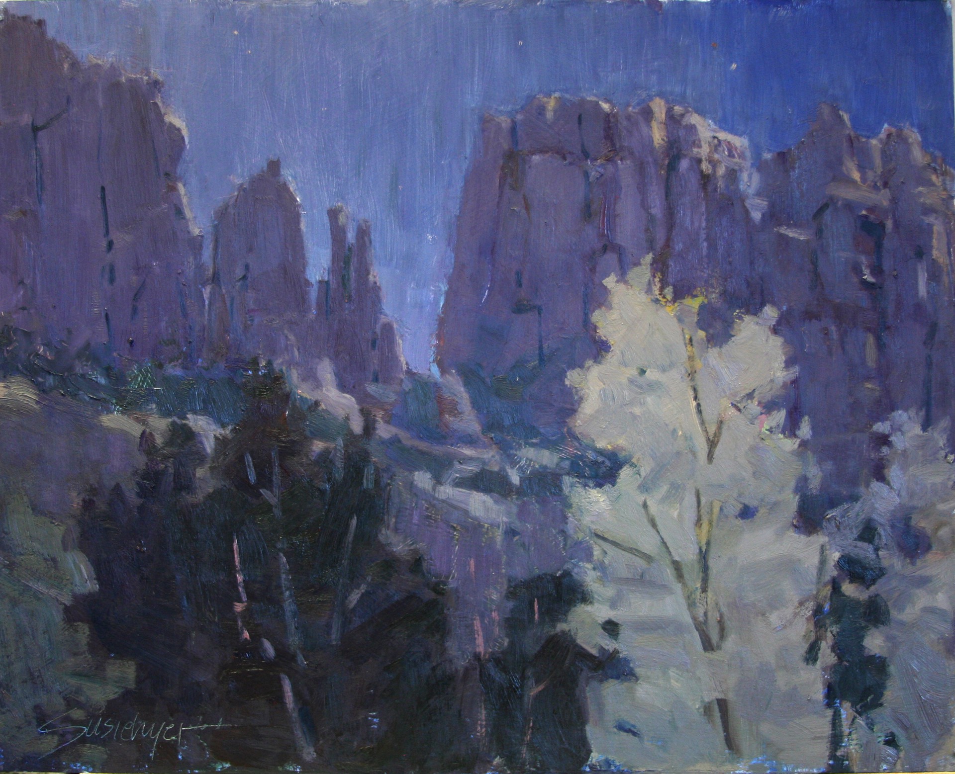 A painting of a tree in front of a mountain range.