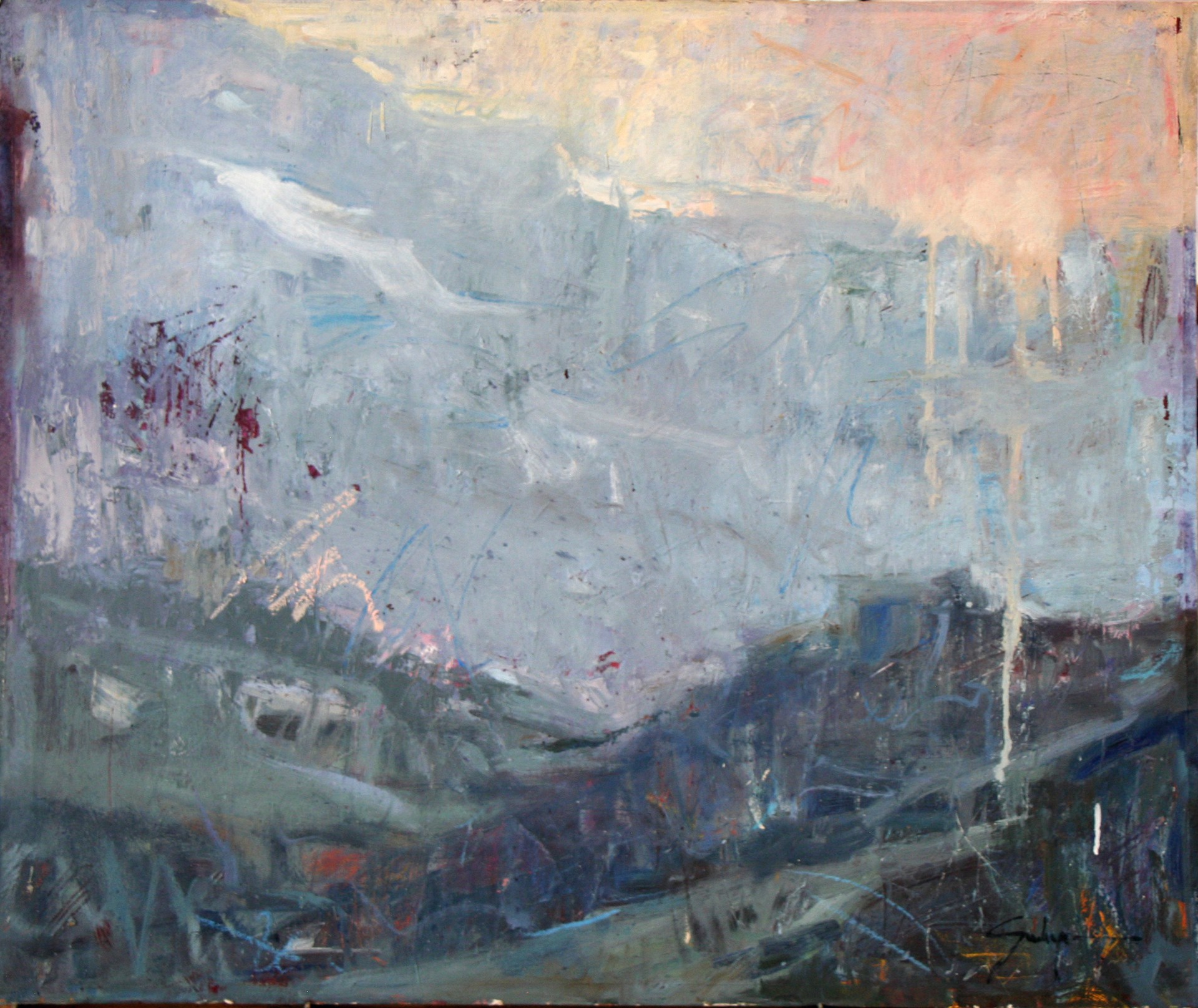 An abstract landscape painting featuring a hazy, atmospheric cityscape rendered in cool blues and warm pinks.
