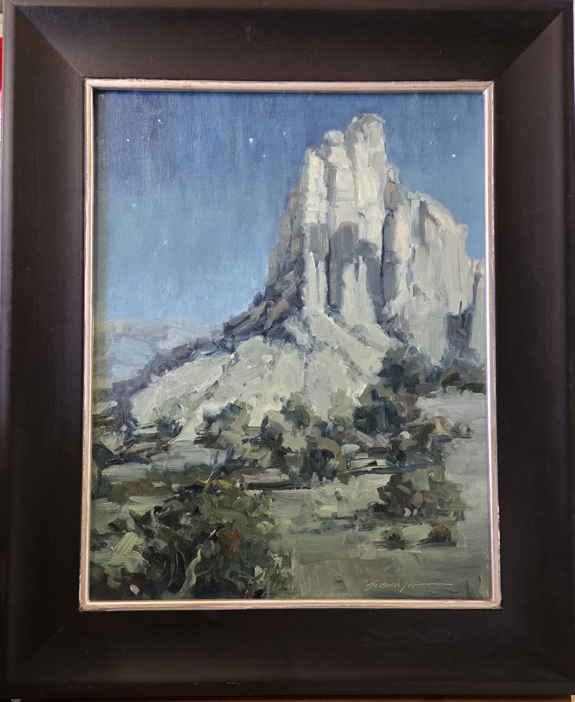 A painting of a mountain with a blue sky in the background.