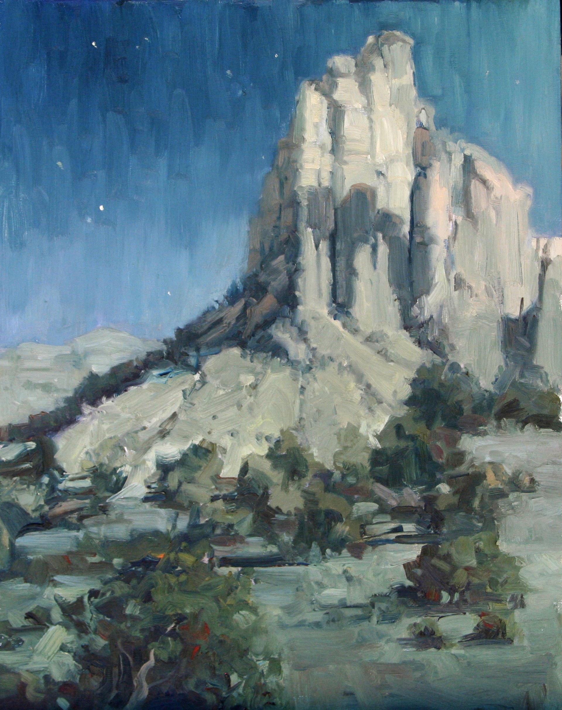 A painting of a mountain with a blue sky in the background.