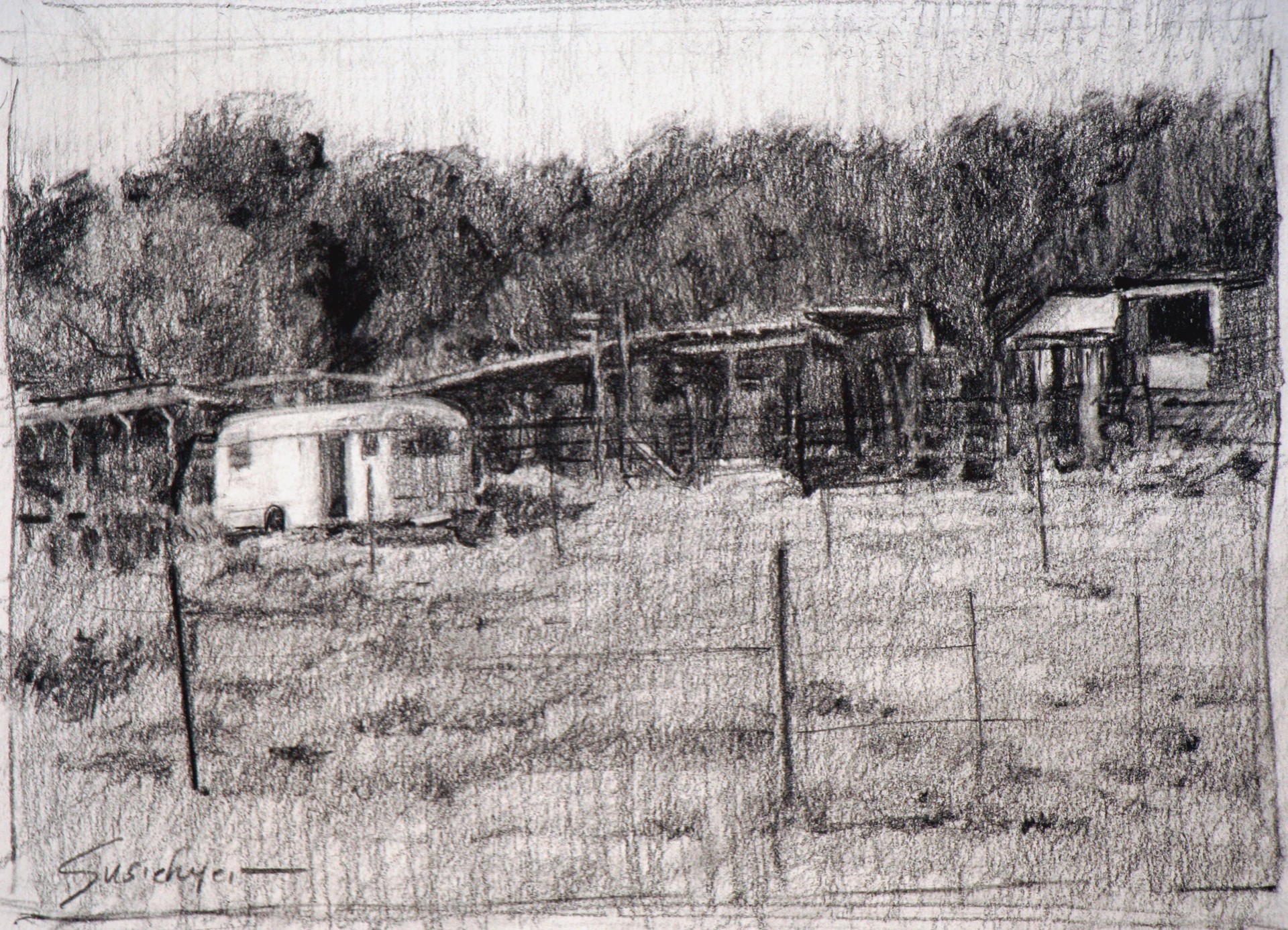 A monochromatic pencil sketch of a rustic rural scene featuring an old trailer and weathered structures.