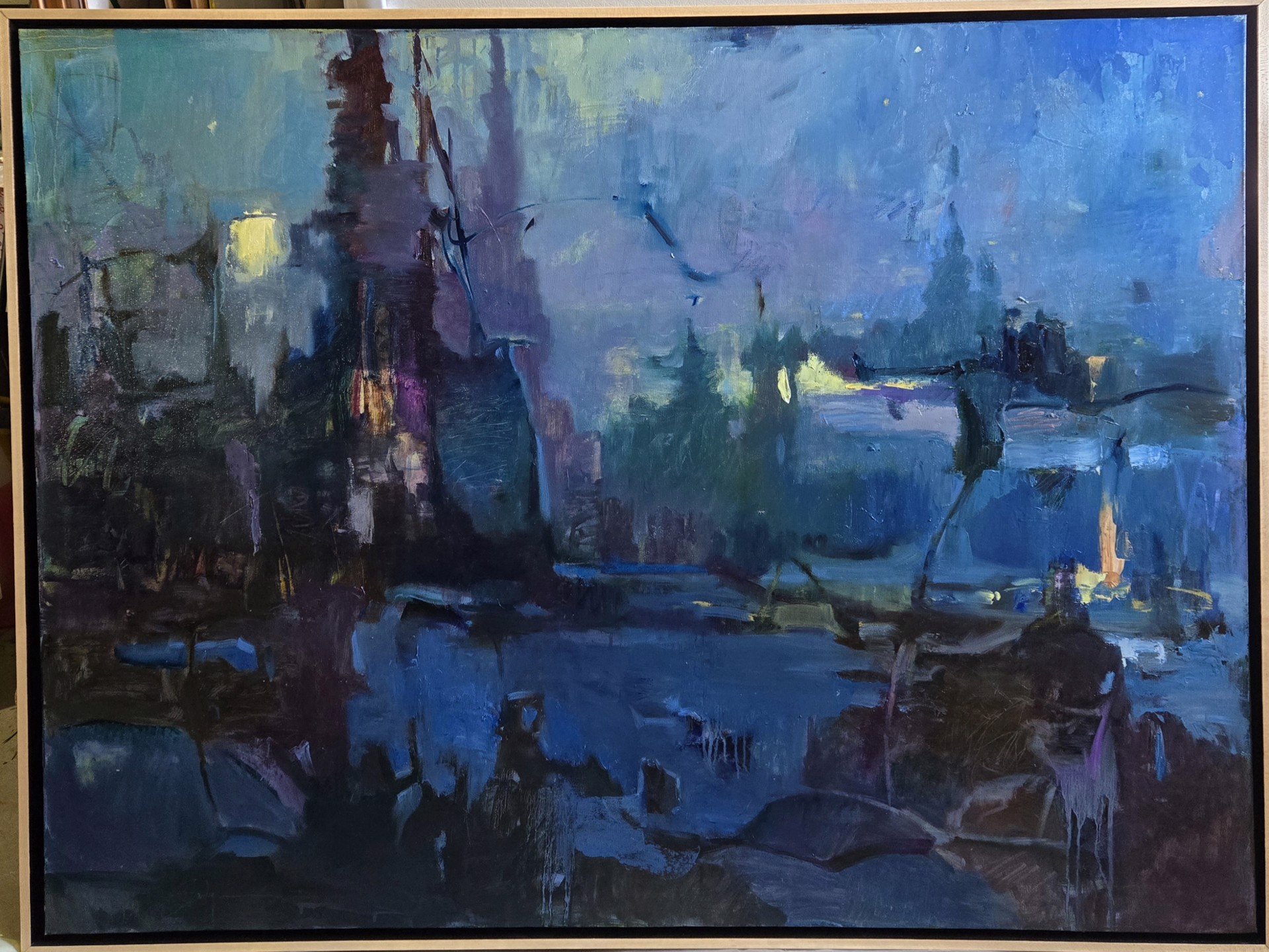 A painting of a cityscape with a river in the foreground.