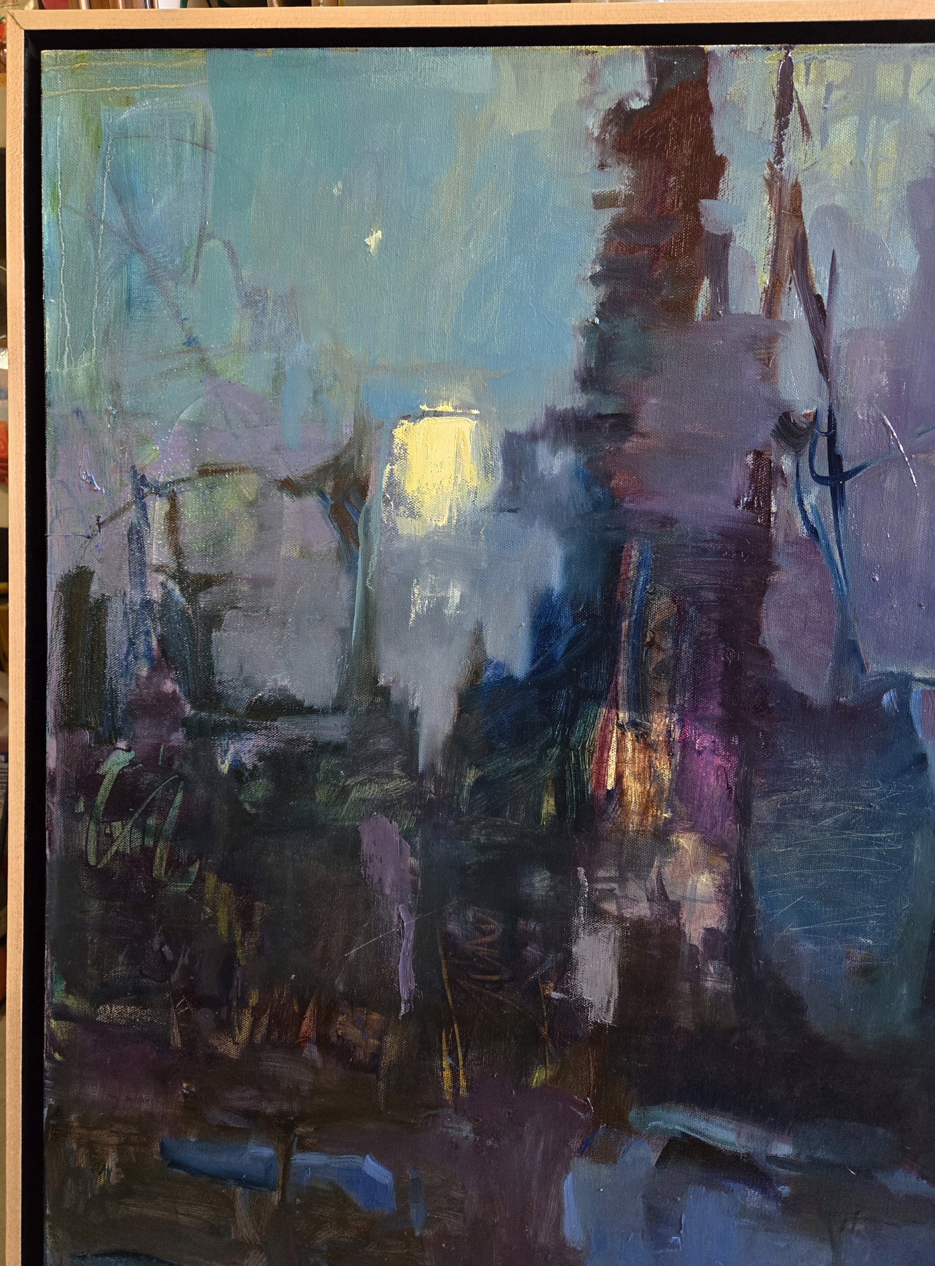 A painting of a cityscape with a river in the foreground.