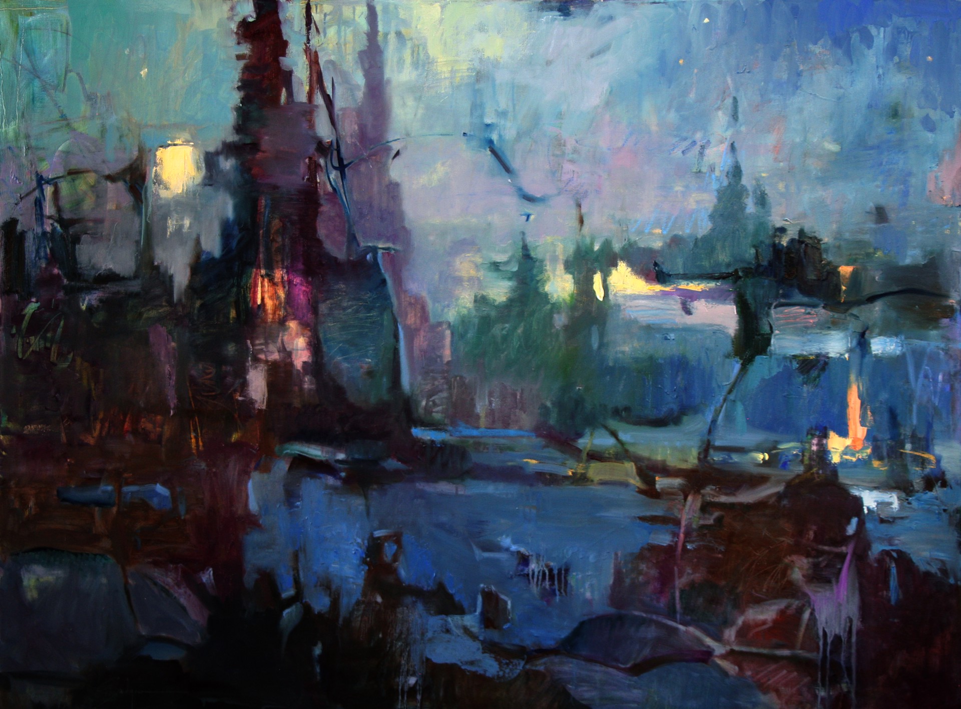 A painting of a cityscape with a river in the foreground.